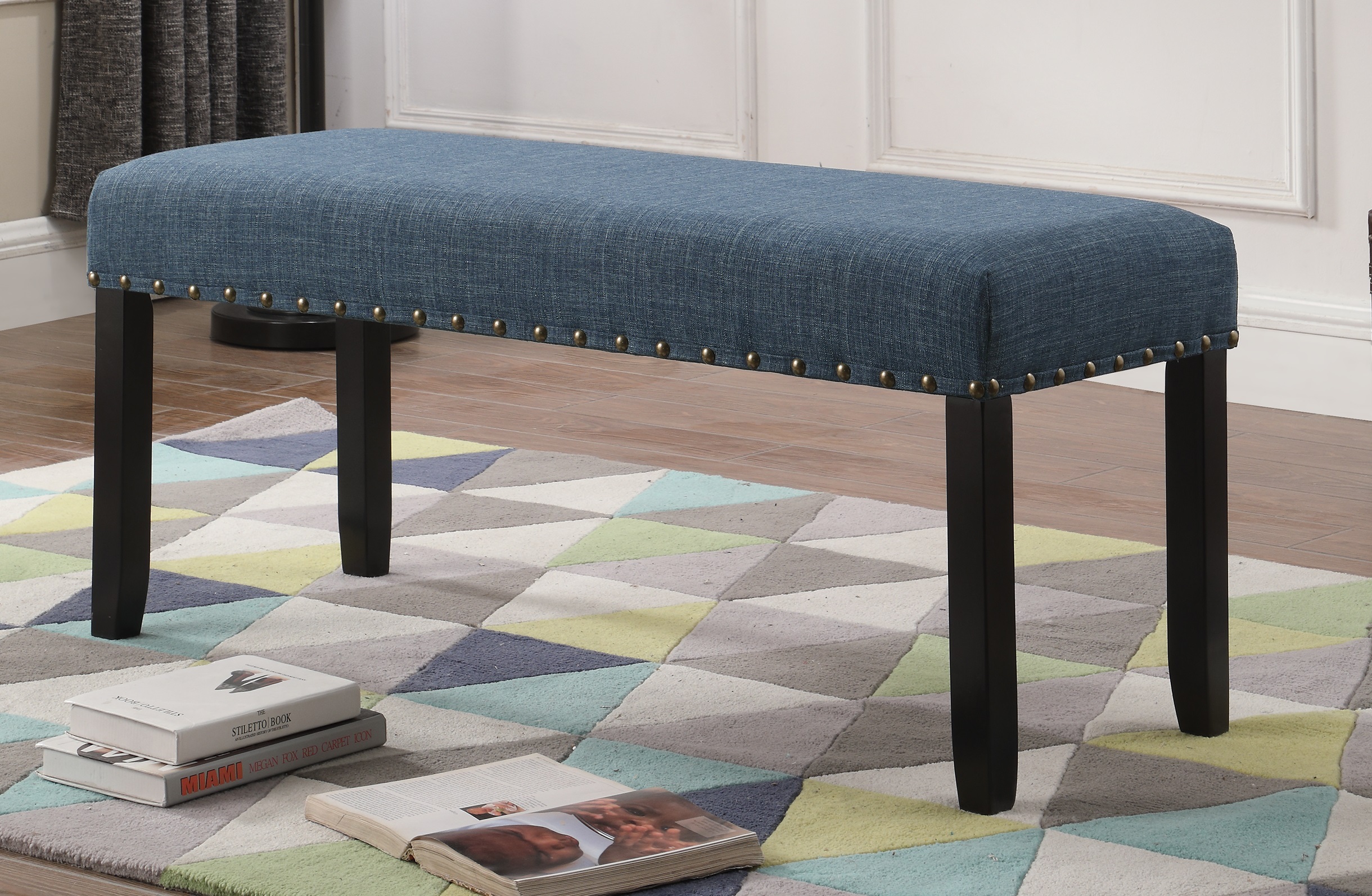 Biony Fabric Dining Bench with Nailhead Trim, Blue