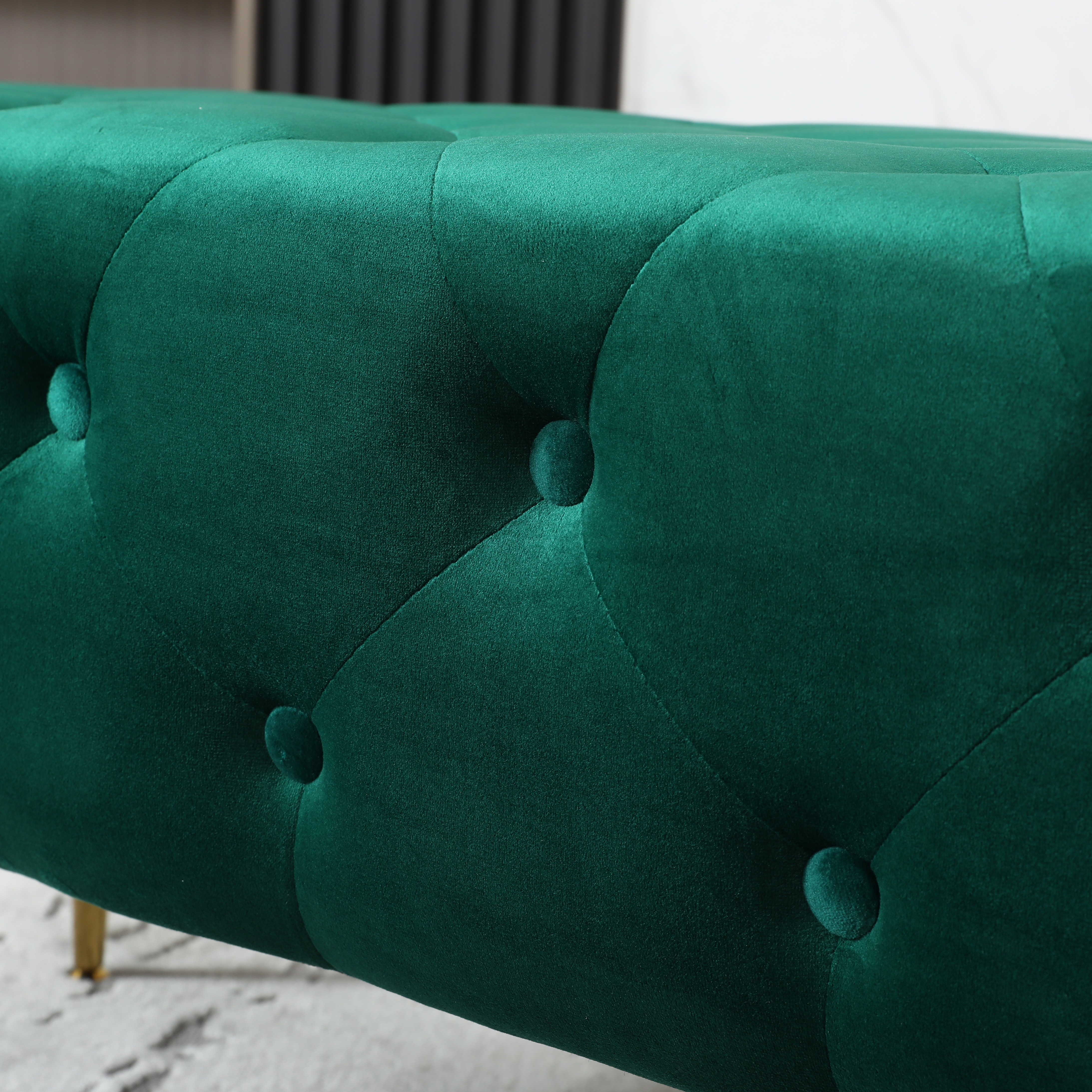 Sira Velvet Button Tufted Bench with Gold Metal Legs, Green