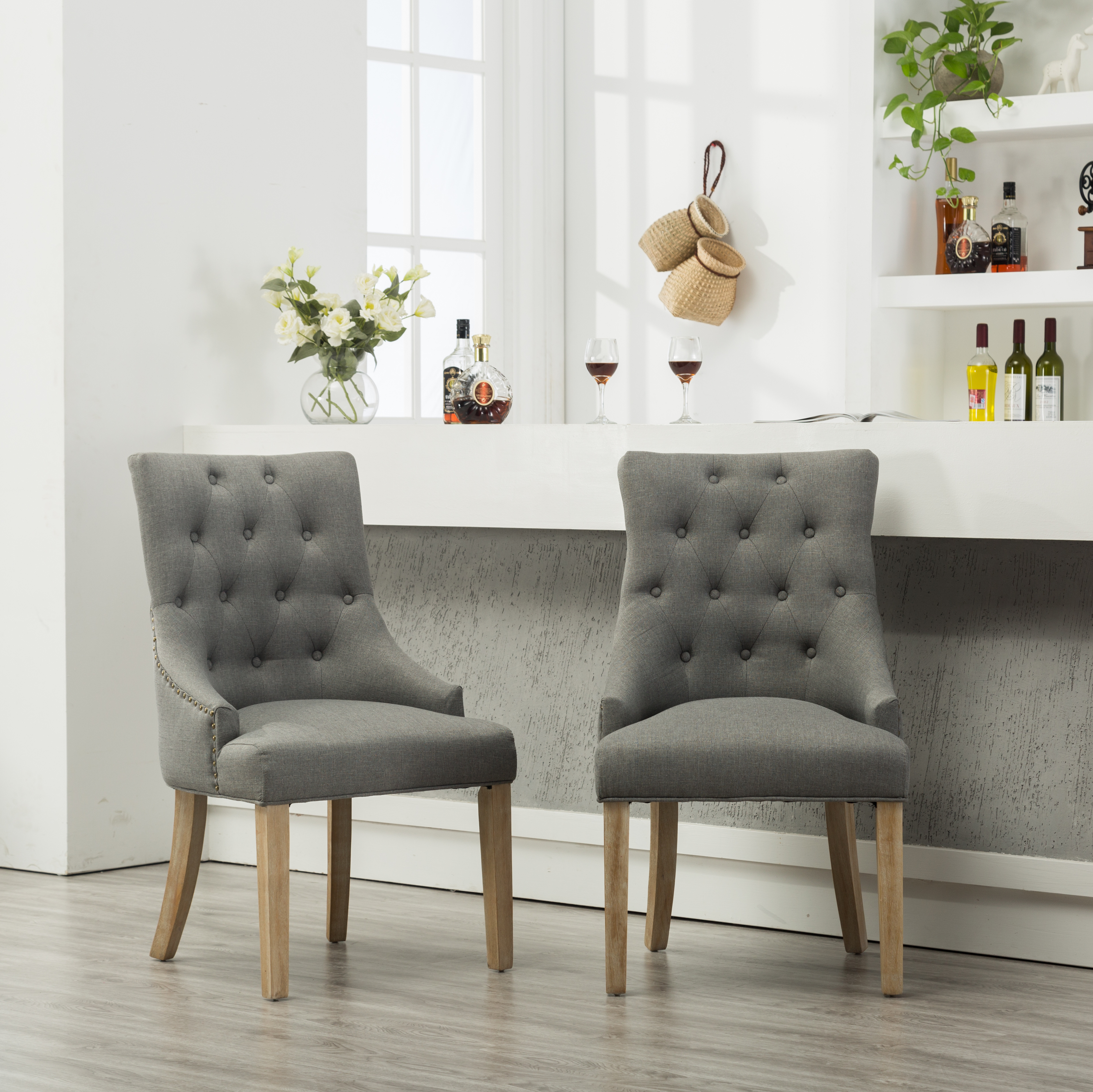 Grey Button Tufted Solid Wood Wingback Hostess Chairs with Nail Heads Set of 2