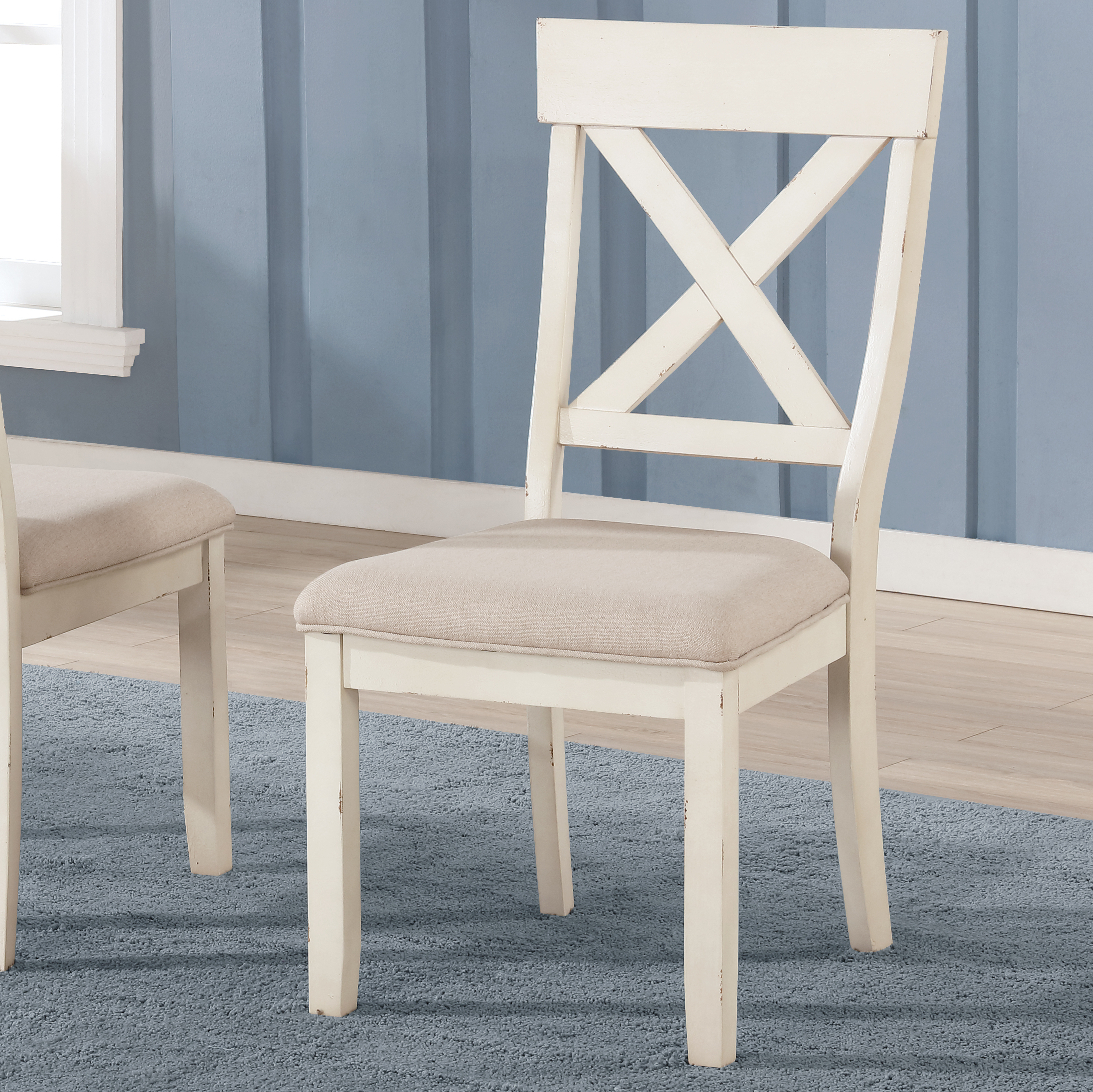 Prato Wood Cross Back Upholstered Dining Chairs, Set Of 2, Antique White