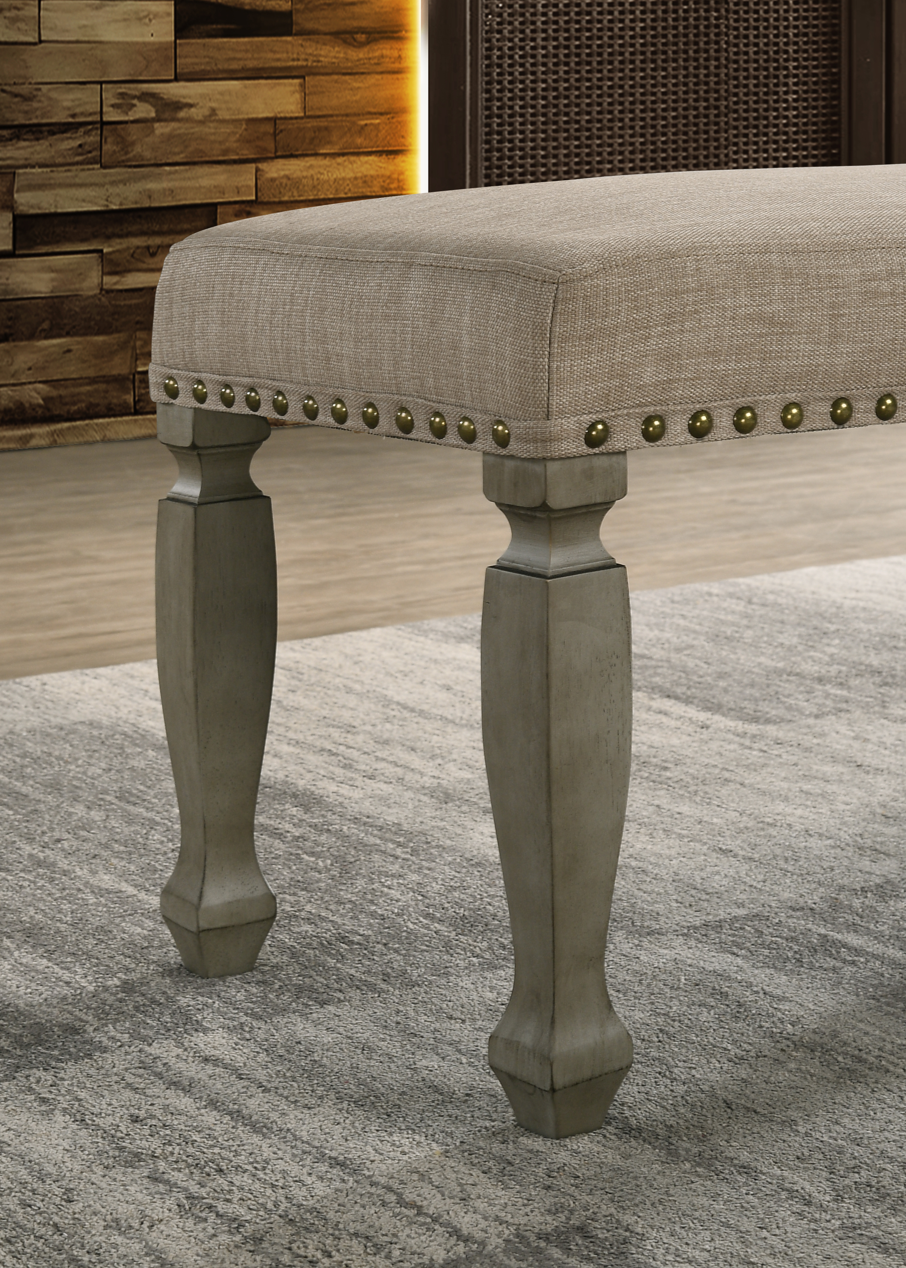 Breda Antique Gray Finish Upholstered Nailhead Bench