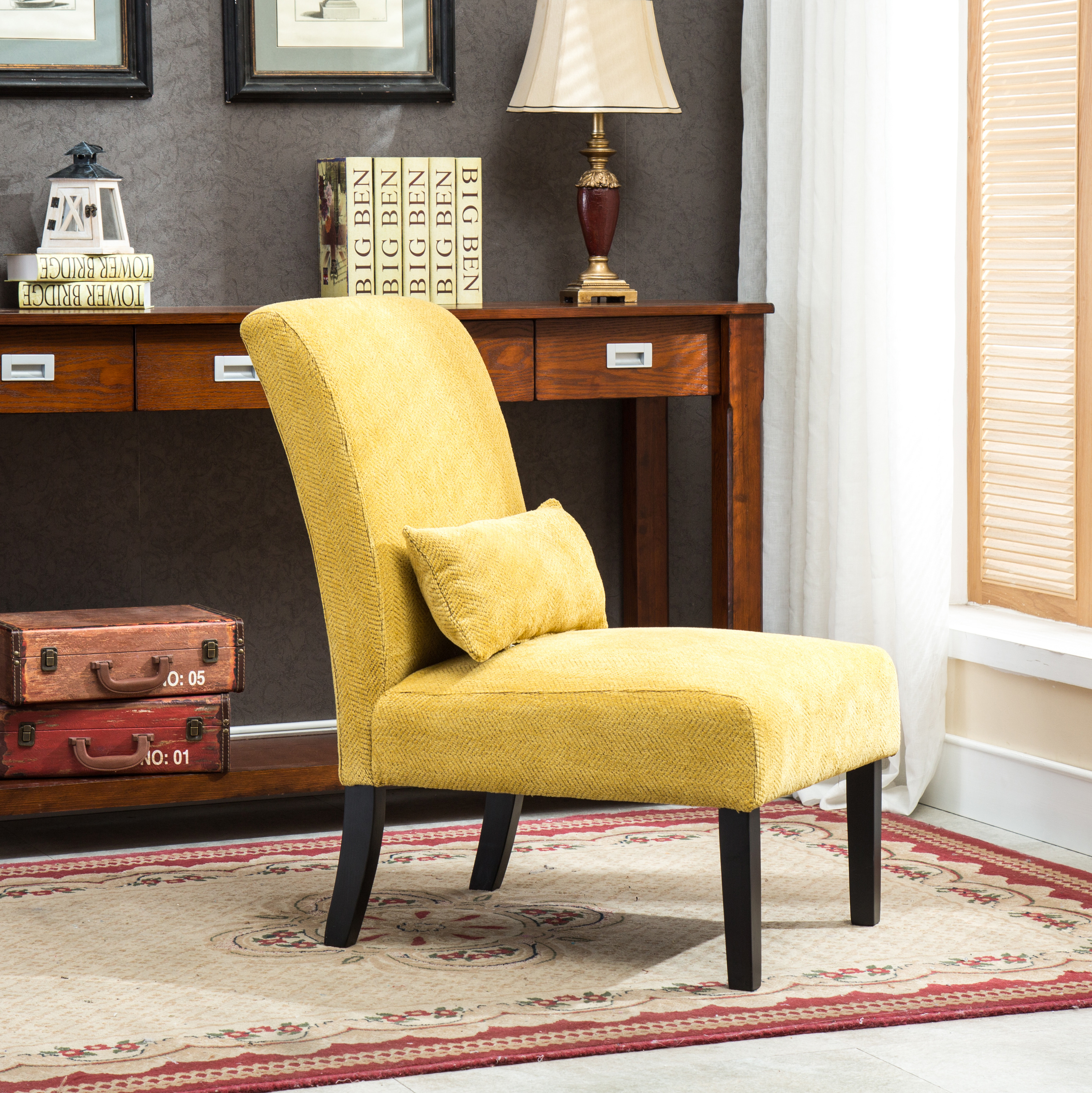 Pisano Contemporary Chenille Fabric Armless Accent Chair with Pillow, Yellow