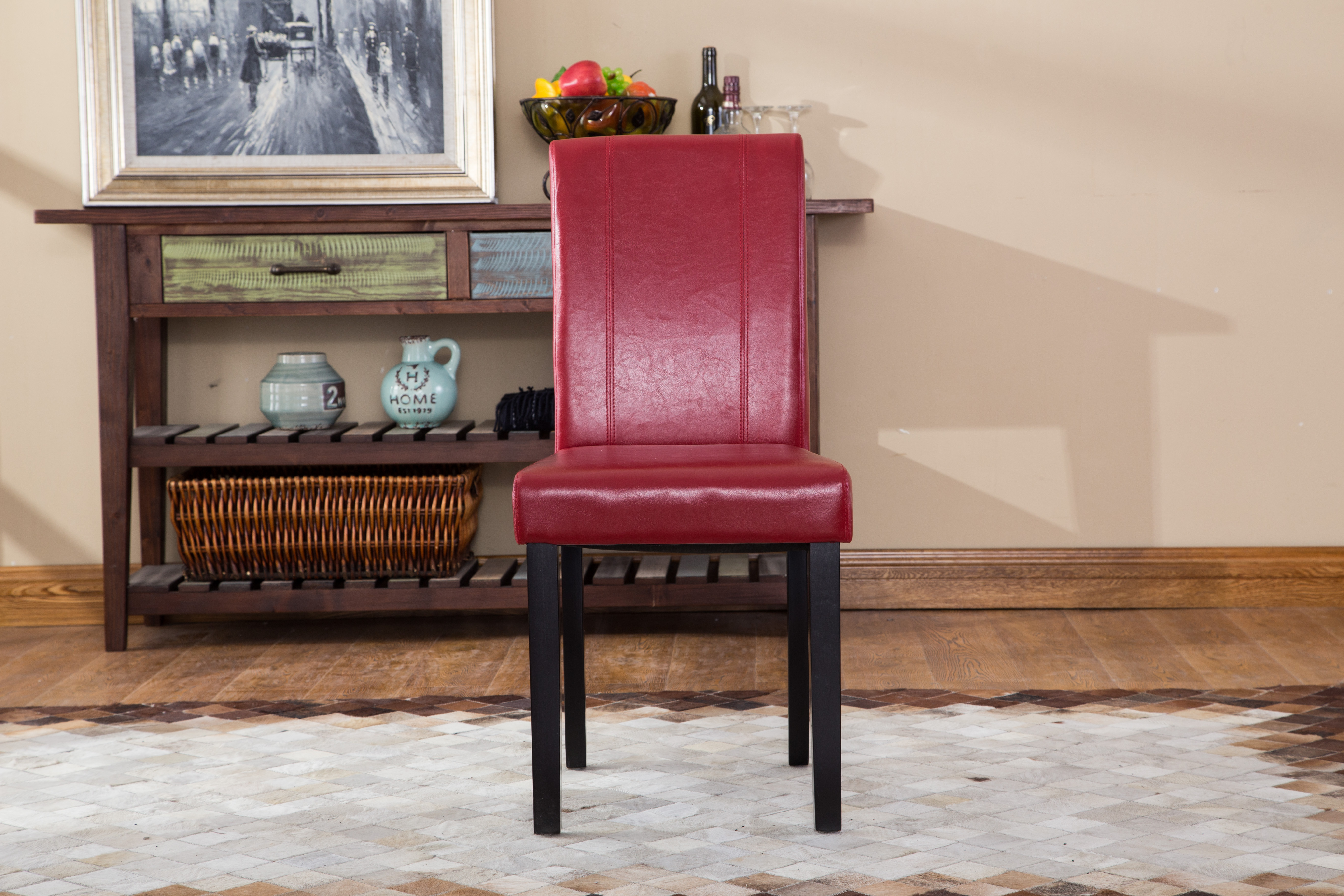 Urban Style Solid Wood Leatherette Padded Parson Chair, Red, Set of 2