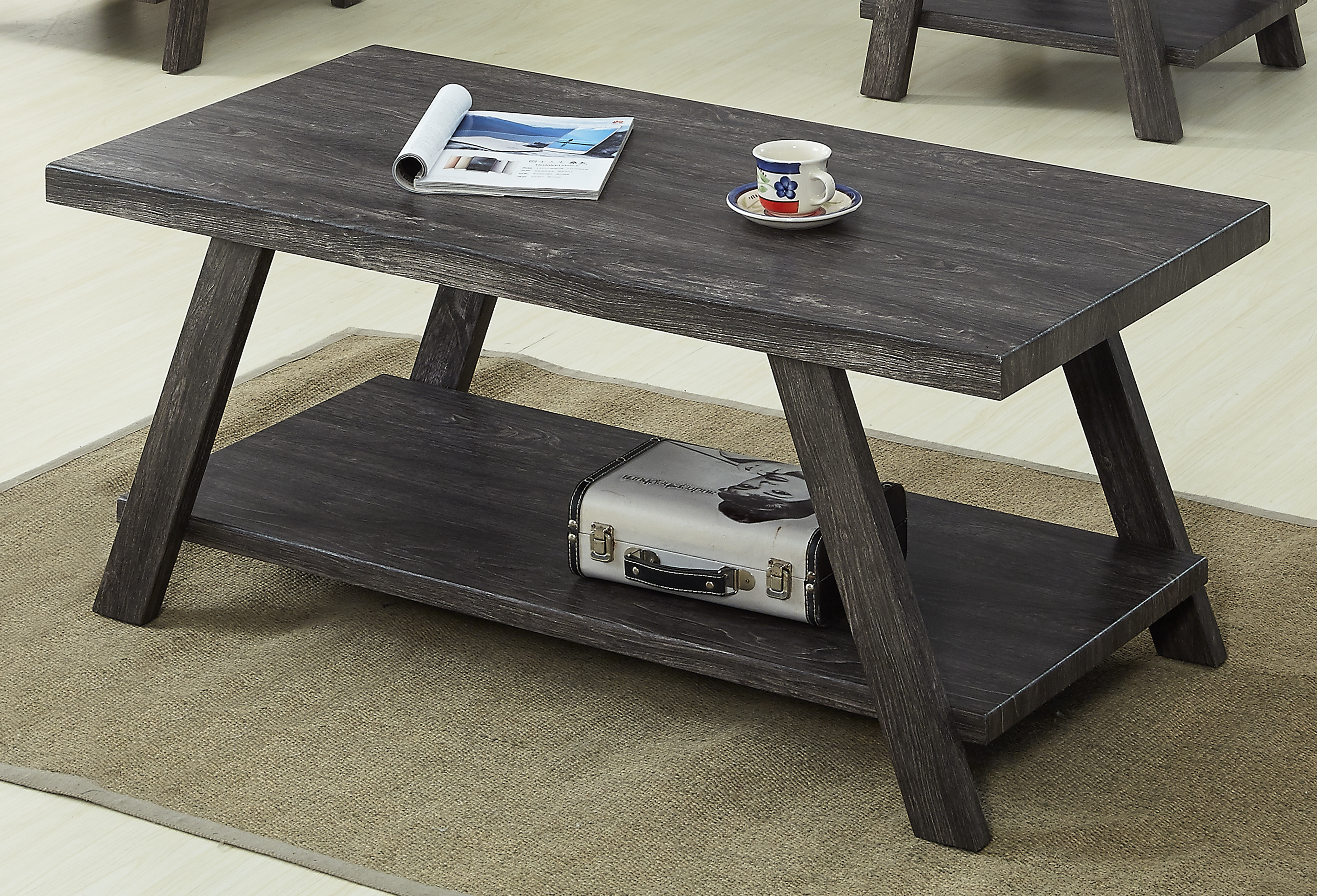 Athens Contemporary Replicated Wood Shelf Coffee Table in Charcoal Finish