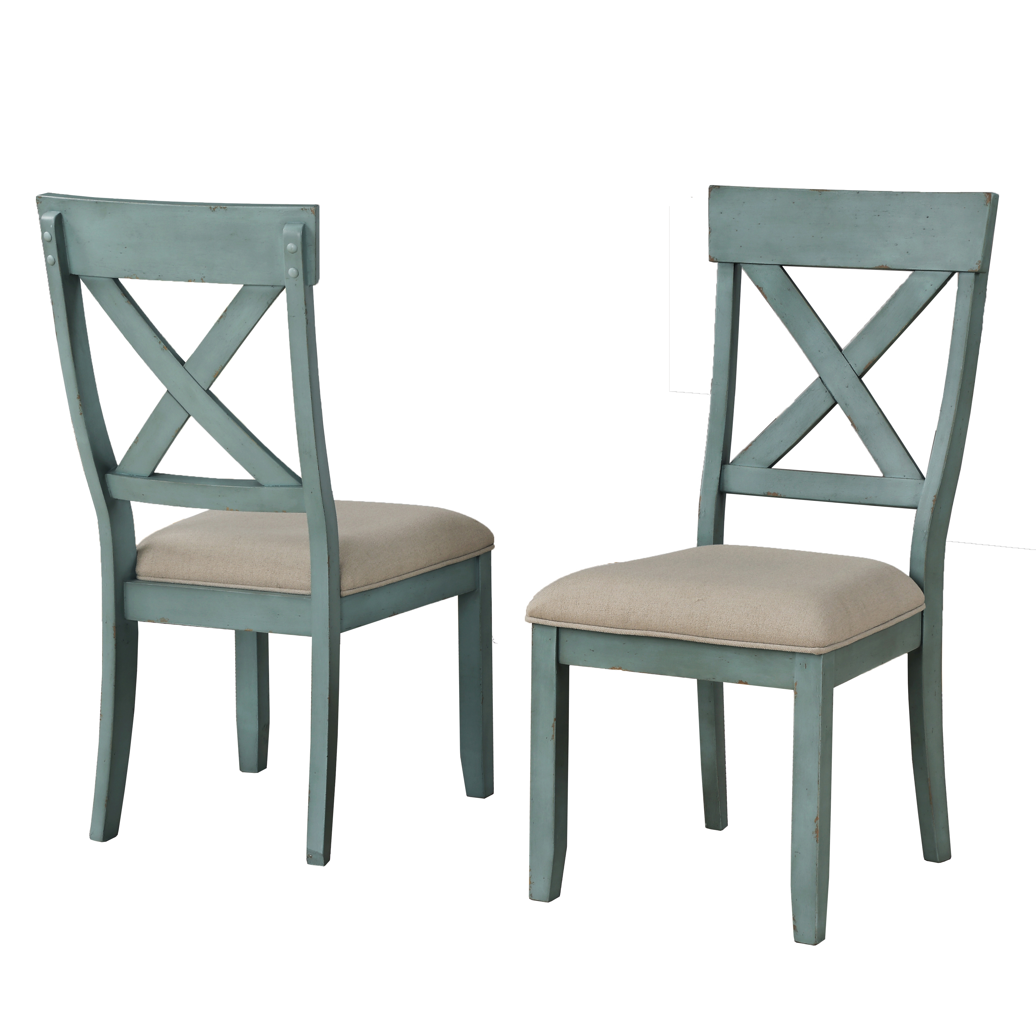 Prato Wood Cross Back Upholstered Dining Chairs, Set Of 2, Antique Blue