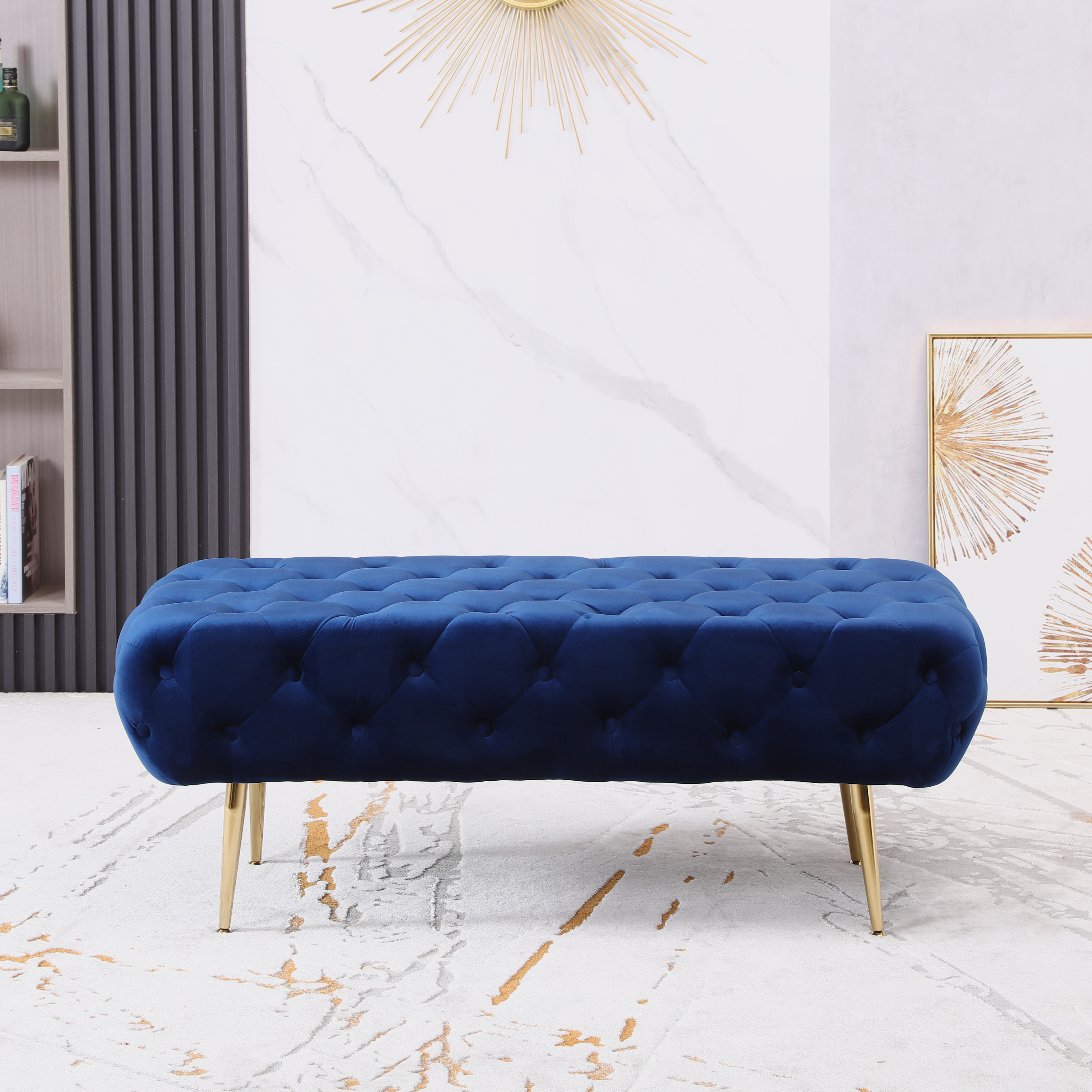 Sira Velvet Button Tufted Bench with Gold Metal Legs, Blue