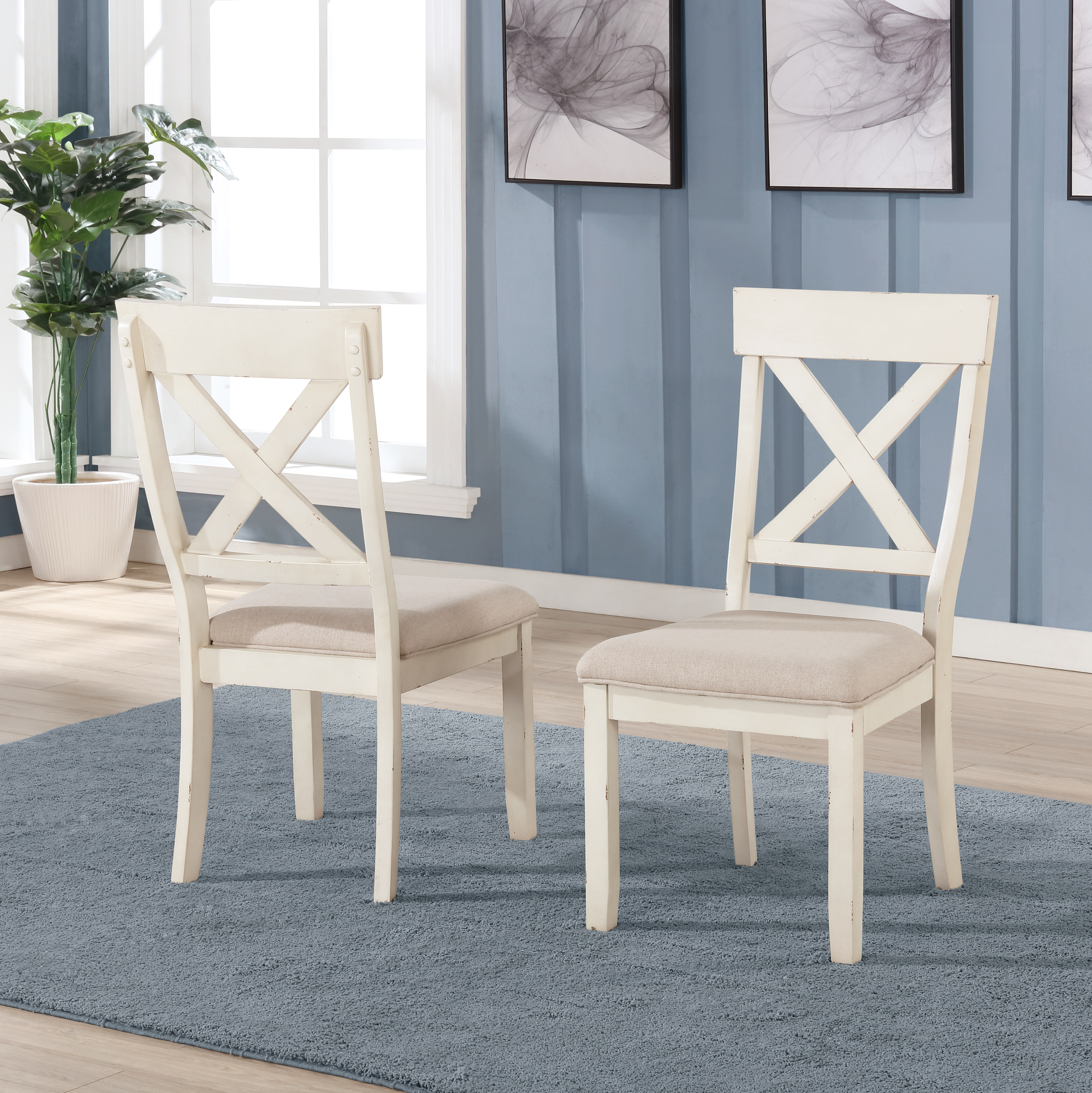 Prato Wood Cross Back Upholstered Dining Chairs, Set Of 2, Antique White