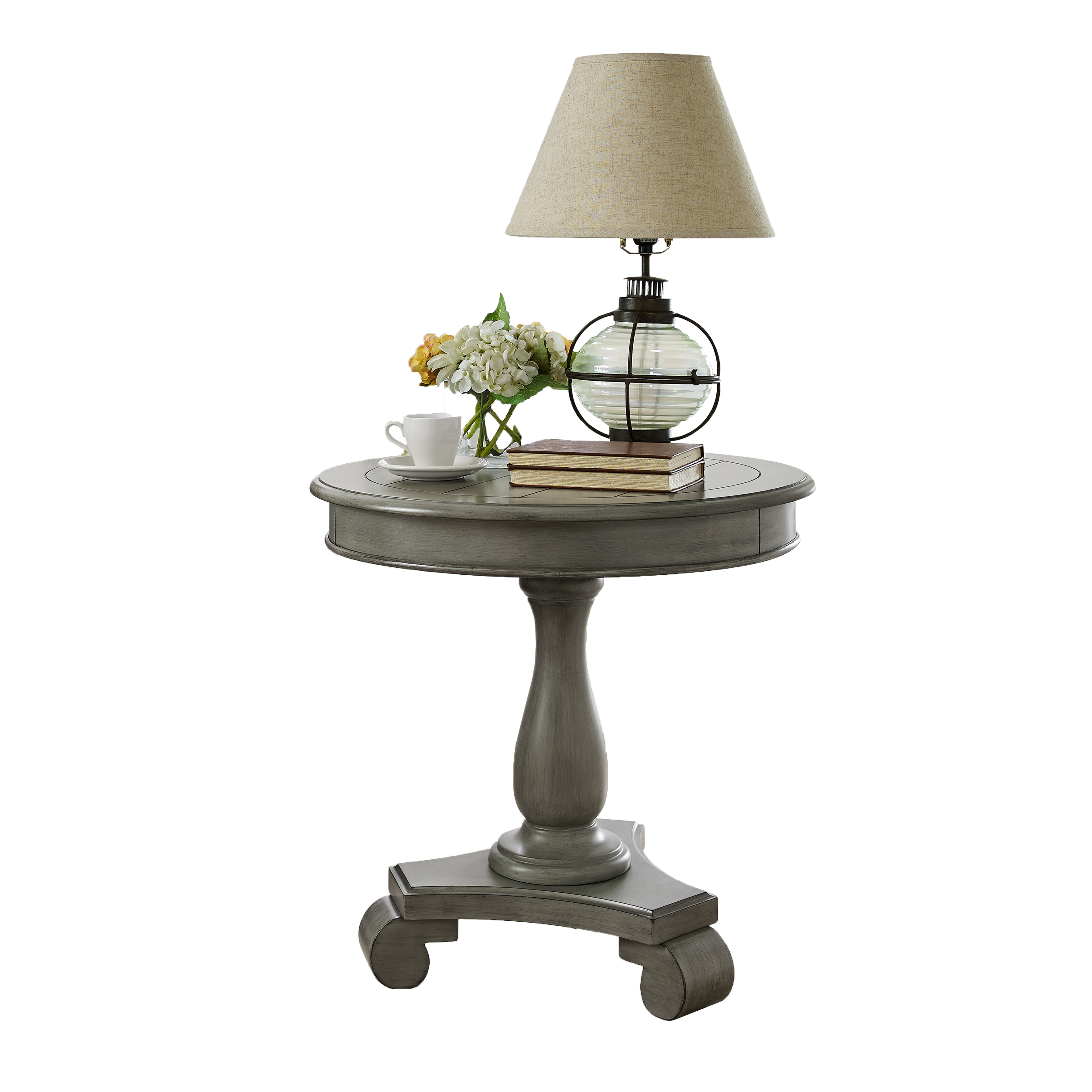 Rene Round Wood Pedestal Side Table, Gray