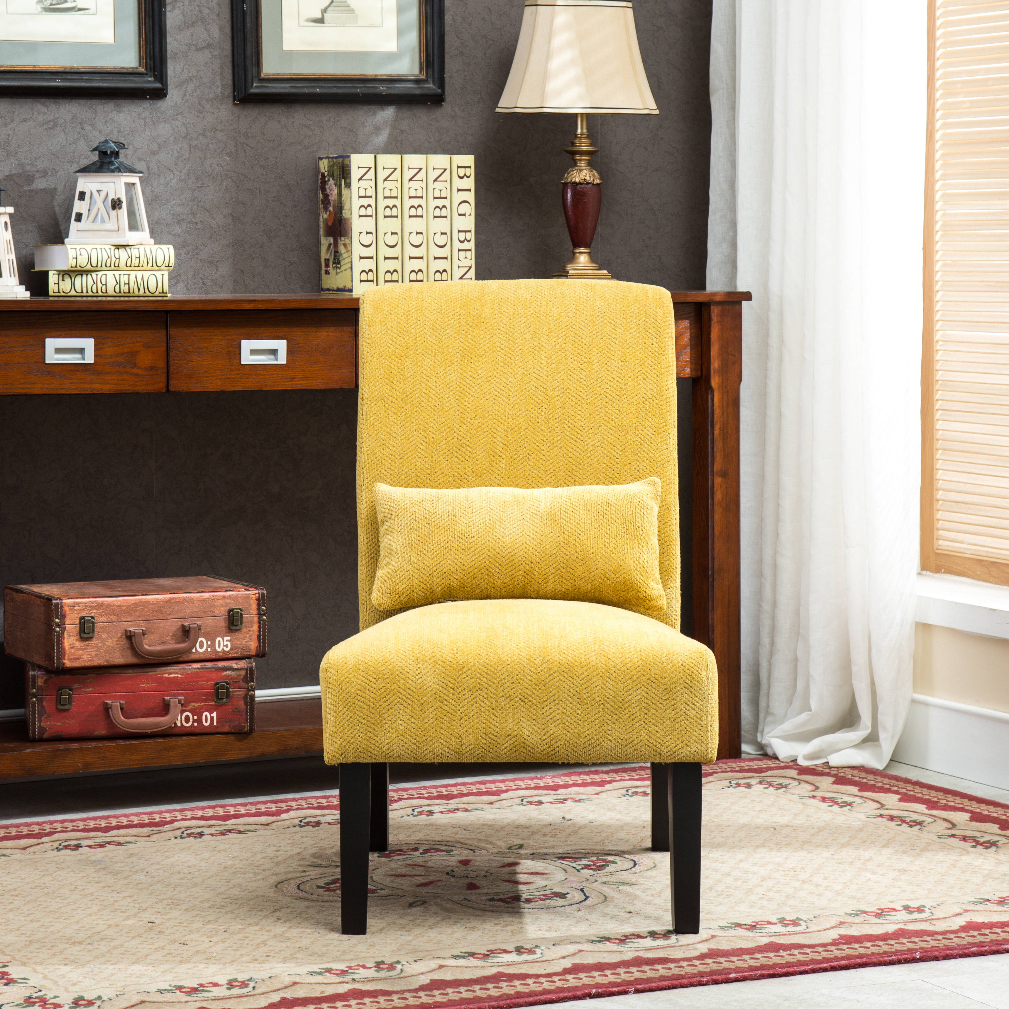 Pisano Contemporary Chenille Fabric Armless Accent Chair with Pillow, Yellow