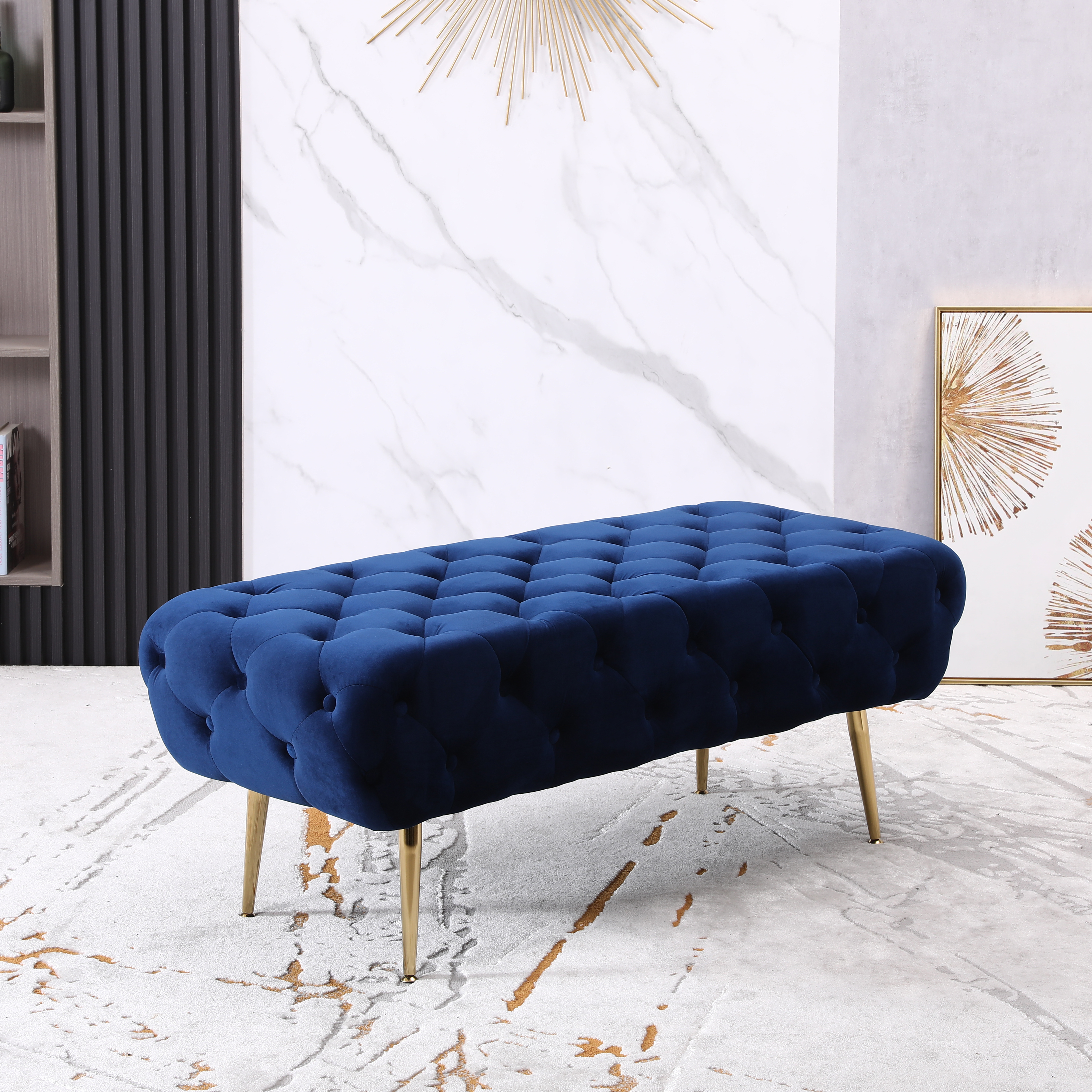 Sira Velvet Button Tufted Bench with Gold Metal Legs, Blue