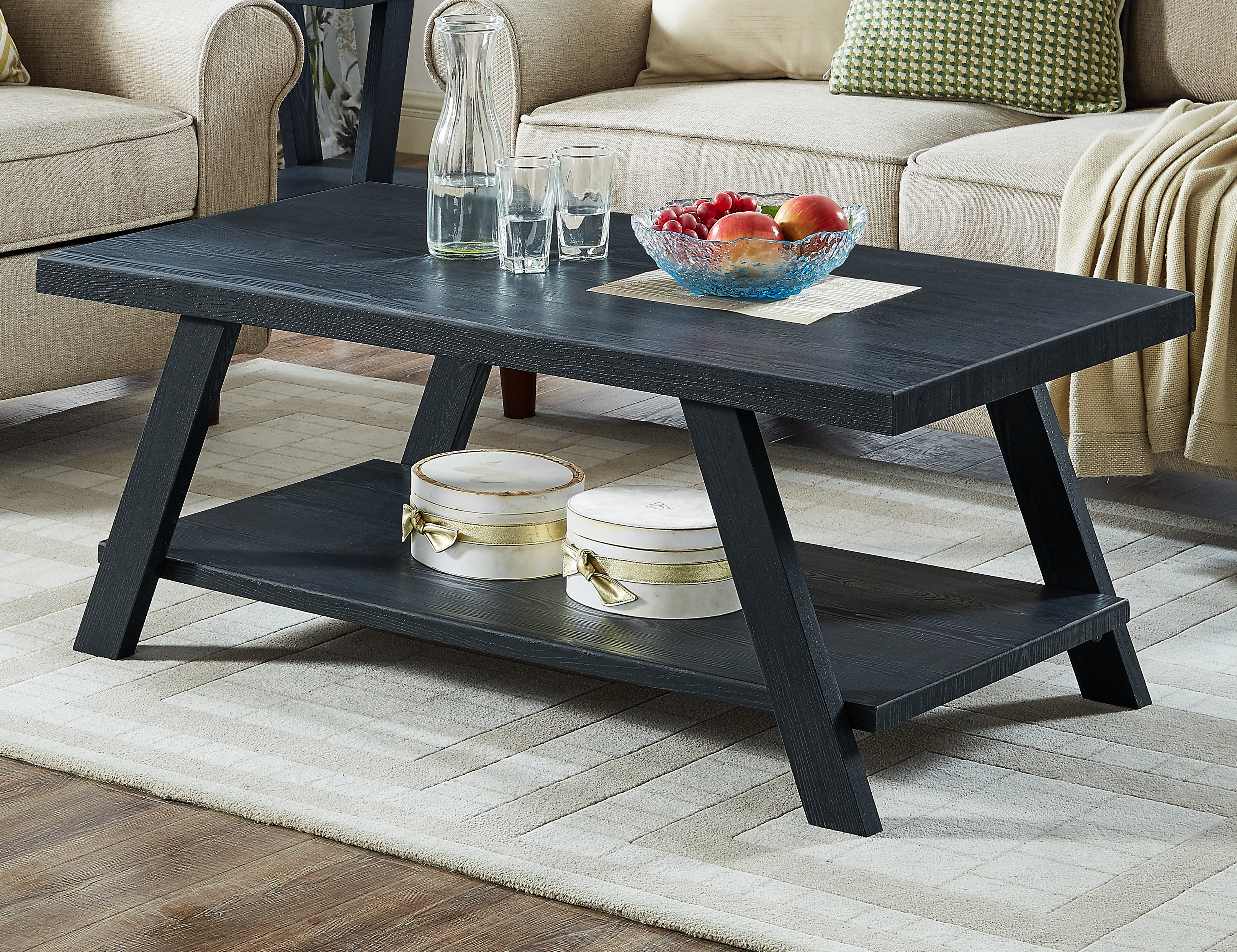 Athens Contemporary Replicated Wood Shelf Coffee Table in Black Finish