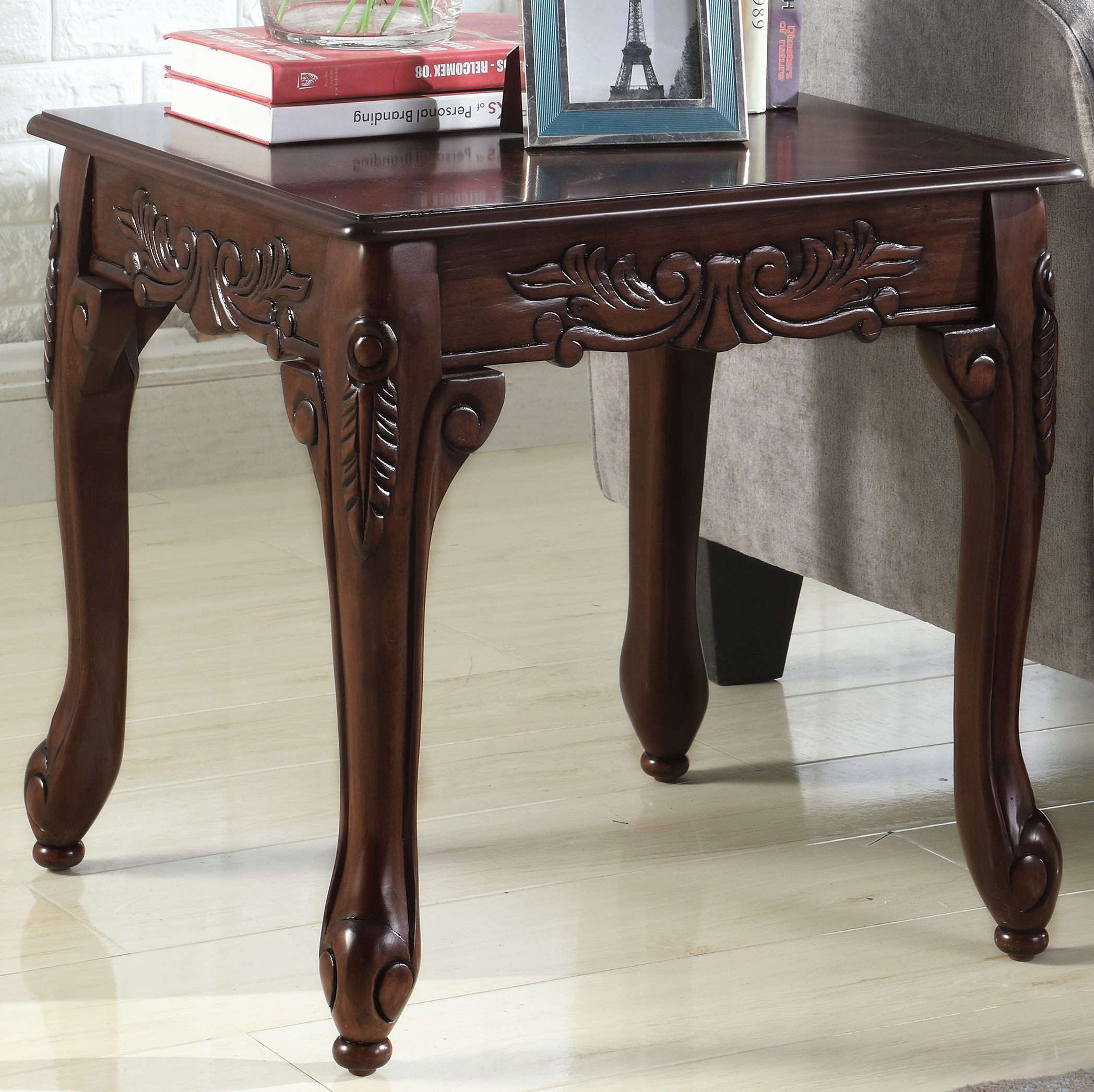 Traditional Ornate Detailing Dark Cherry Finish Wood End Table