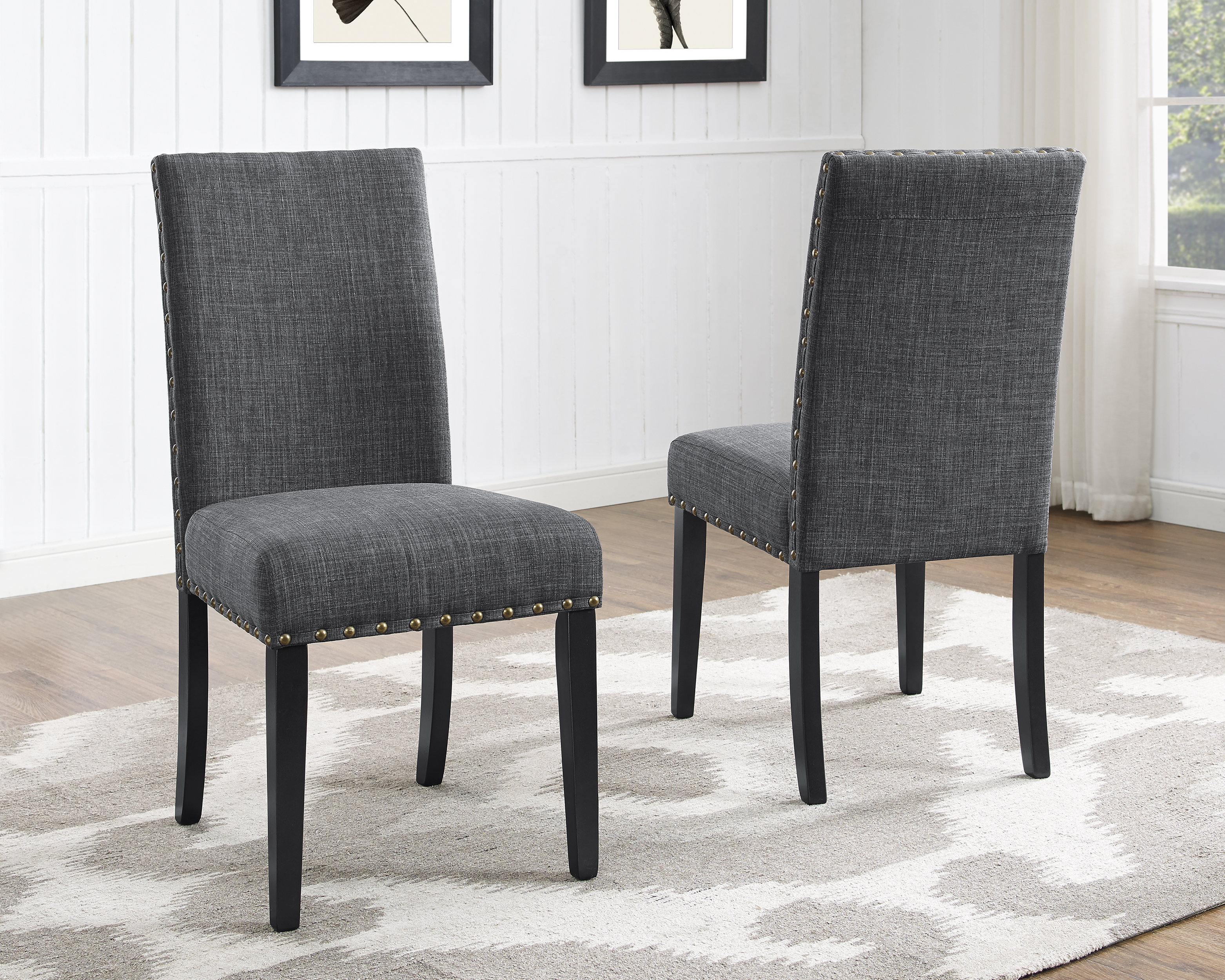 Biony Fabric Dining Chairs with Nailhead Trim, Set of 2, Gray