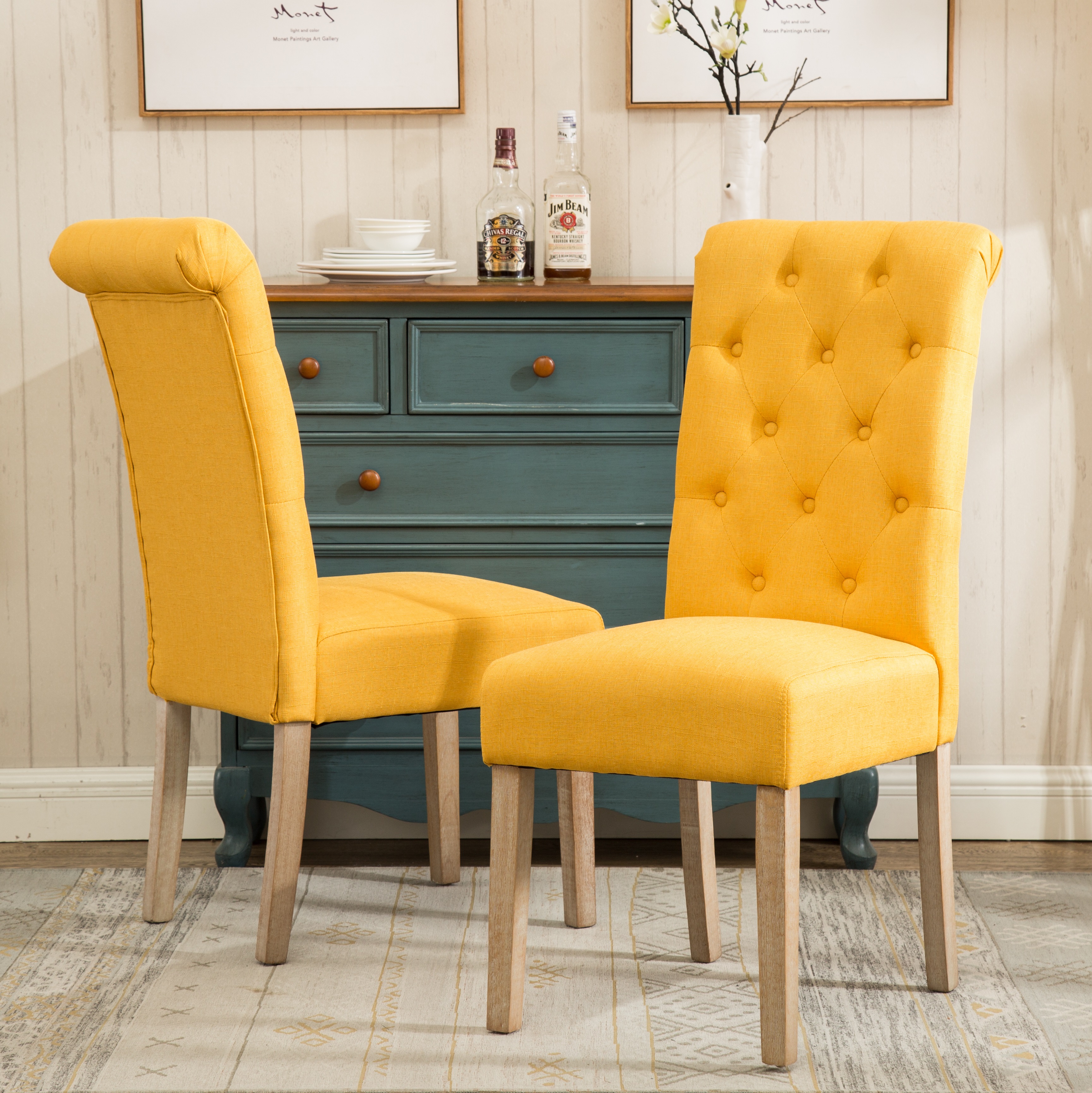 Habit Solid Wood Tufted Parsons Dining Chair, Set of 2, Yellow