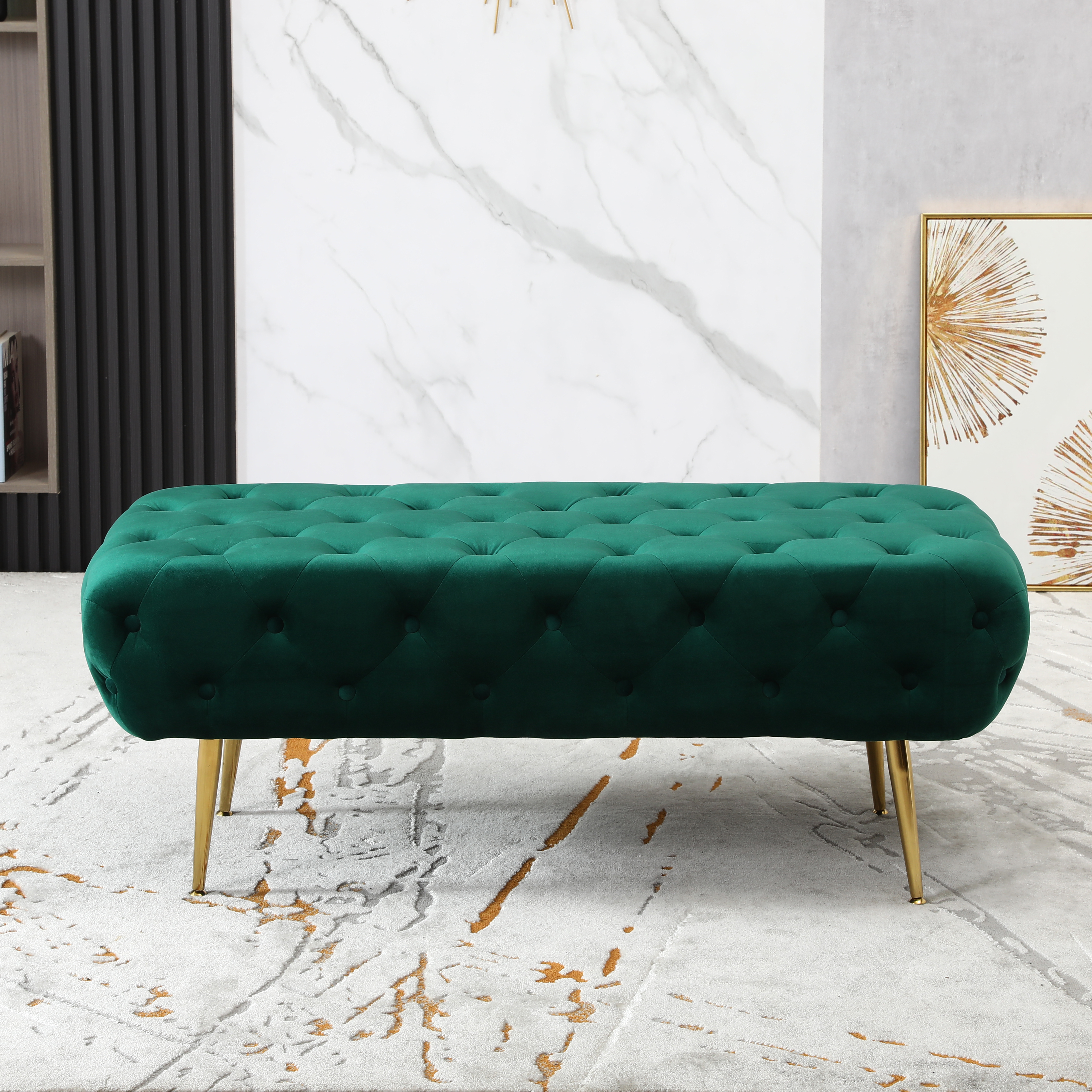 Sira Velvet Button Tufted Bench with Gold Metal Legs, Green