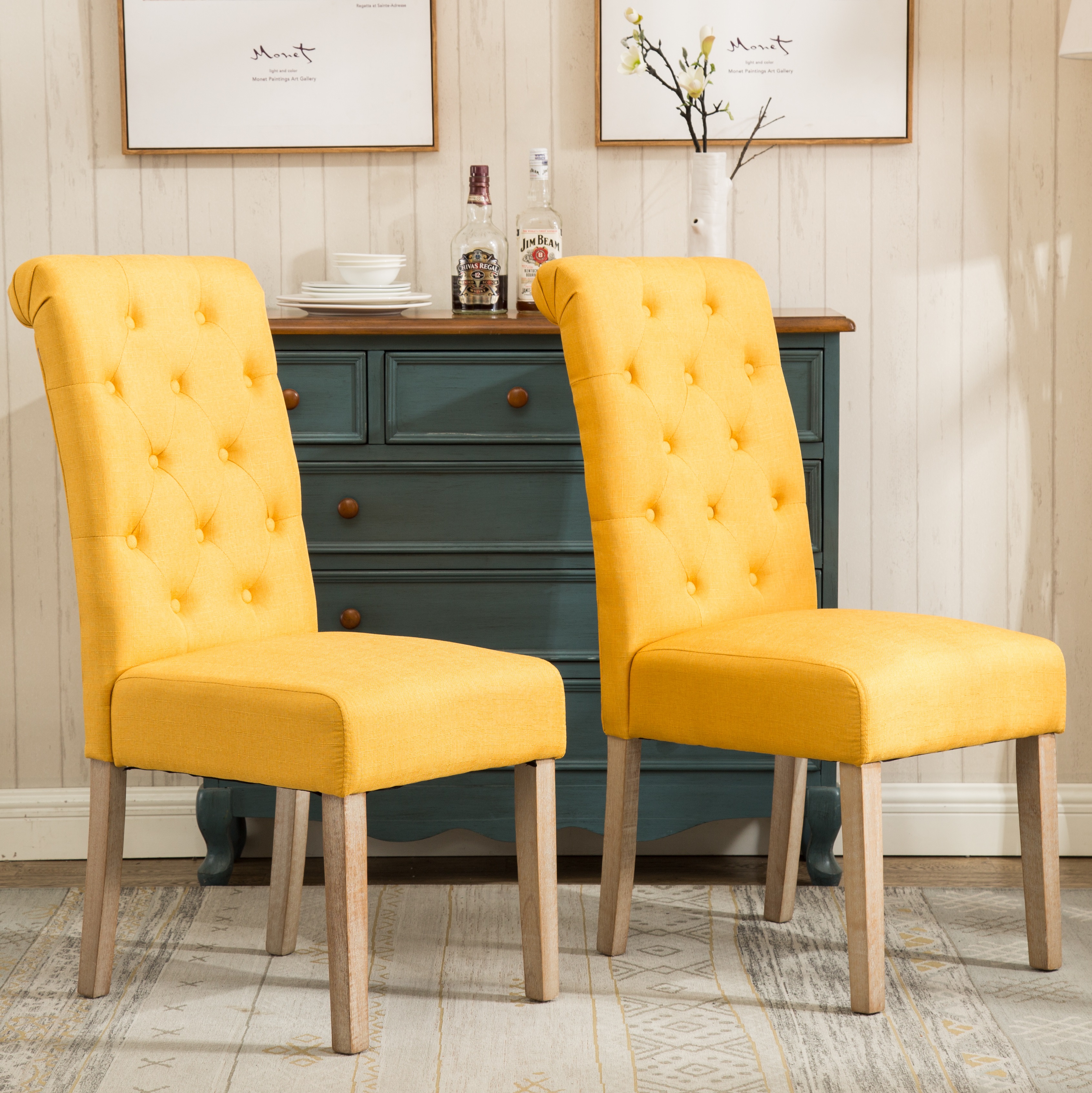 Habit Solid Wood Tufted Parsons Dining Chair, Set of 2, Yellow