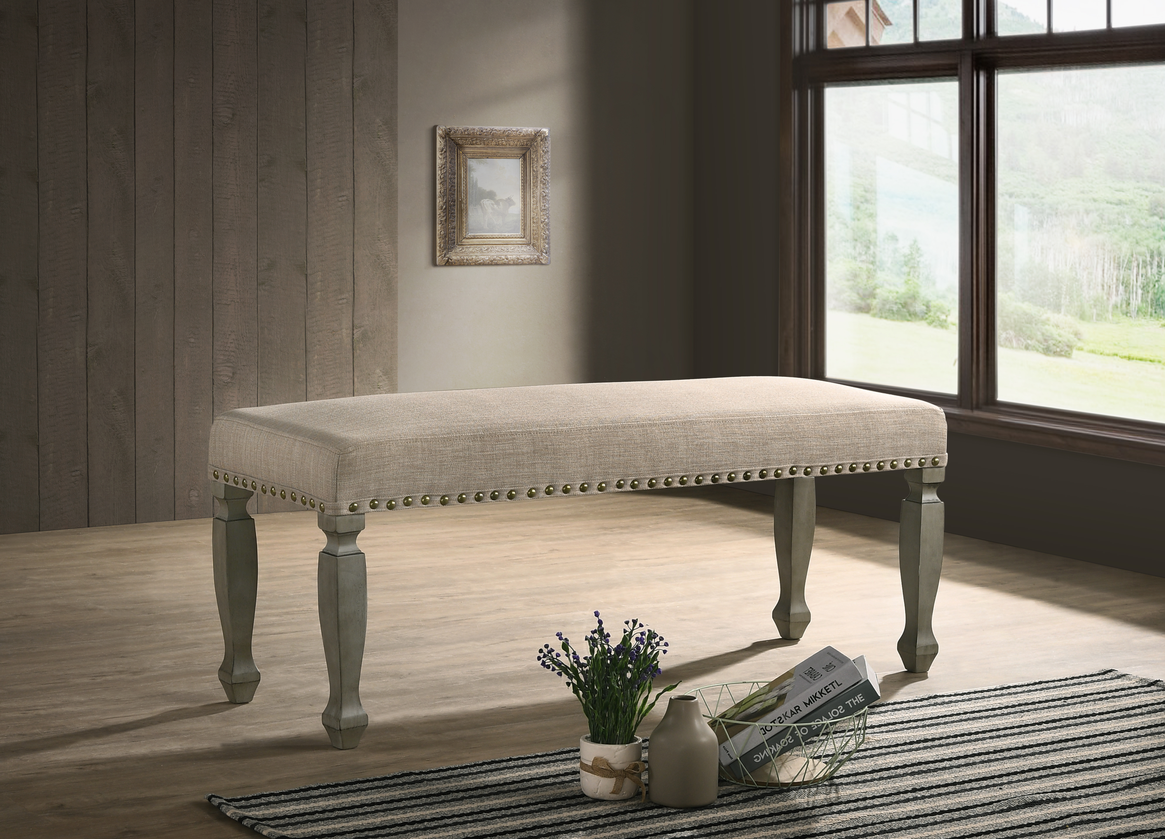 Breda Antique Gray Finish Upholstered Nailhead Bench