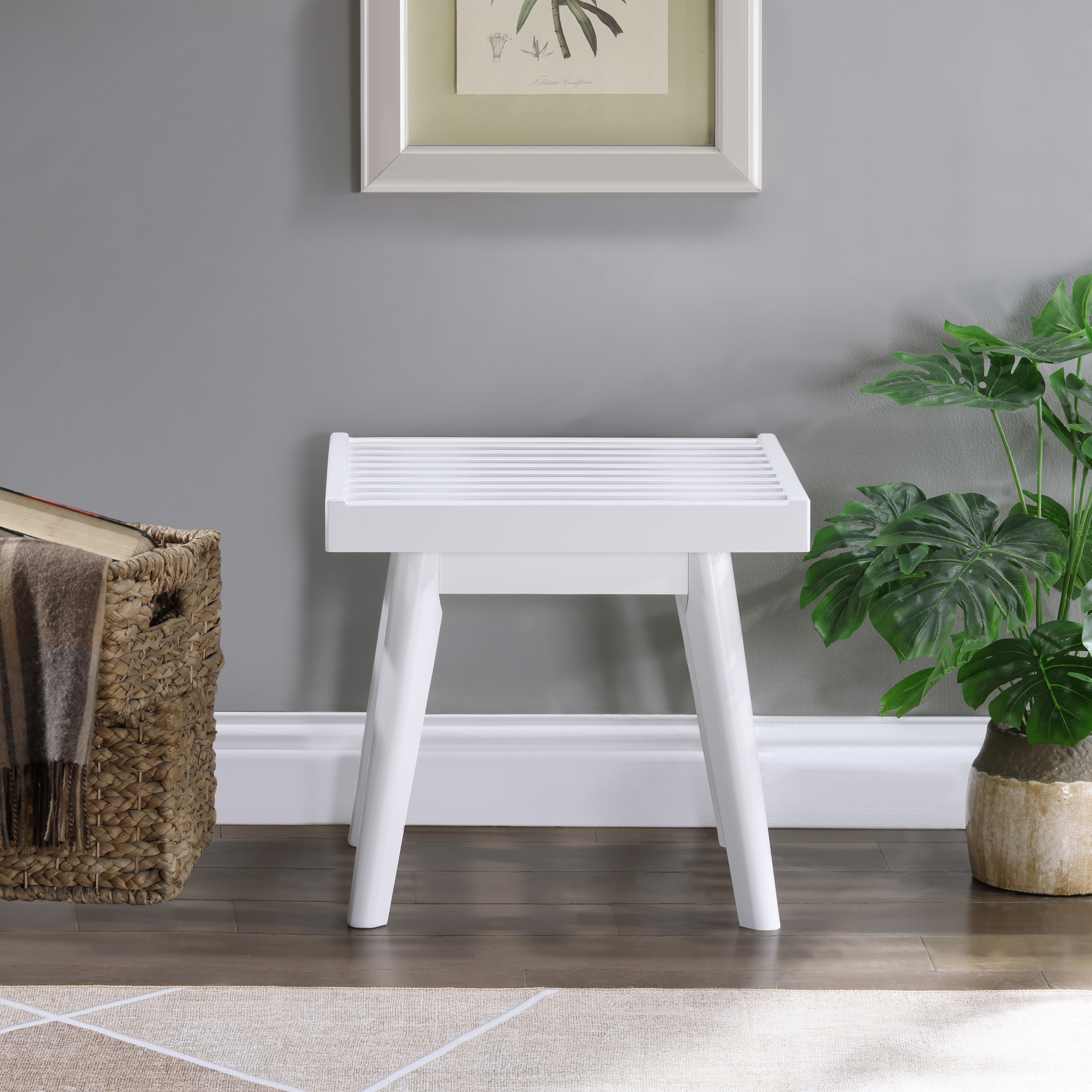 Larwich Solid Wood Slatted Bench, 19-Inch Long, White