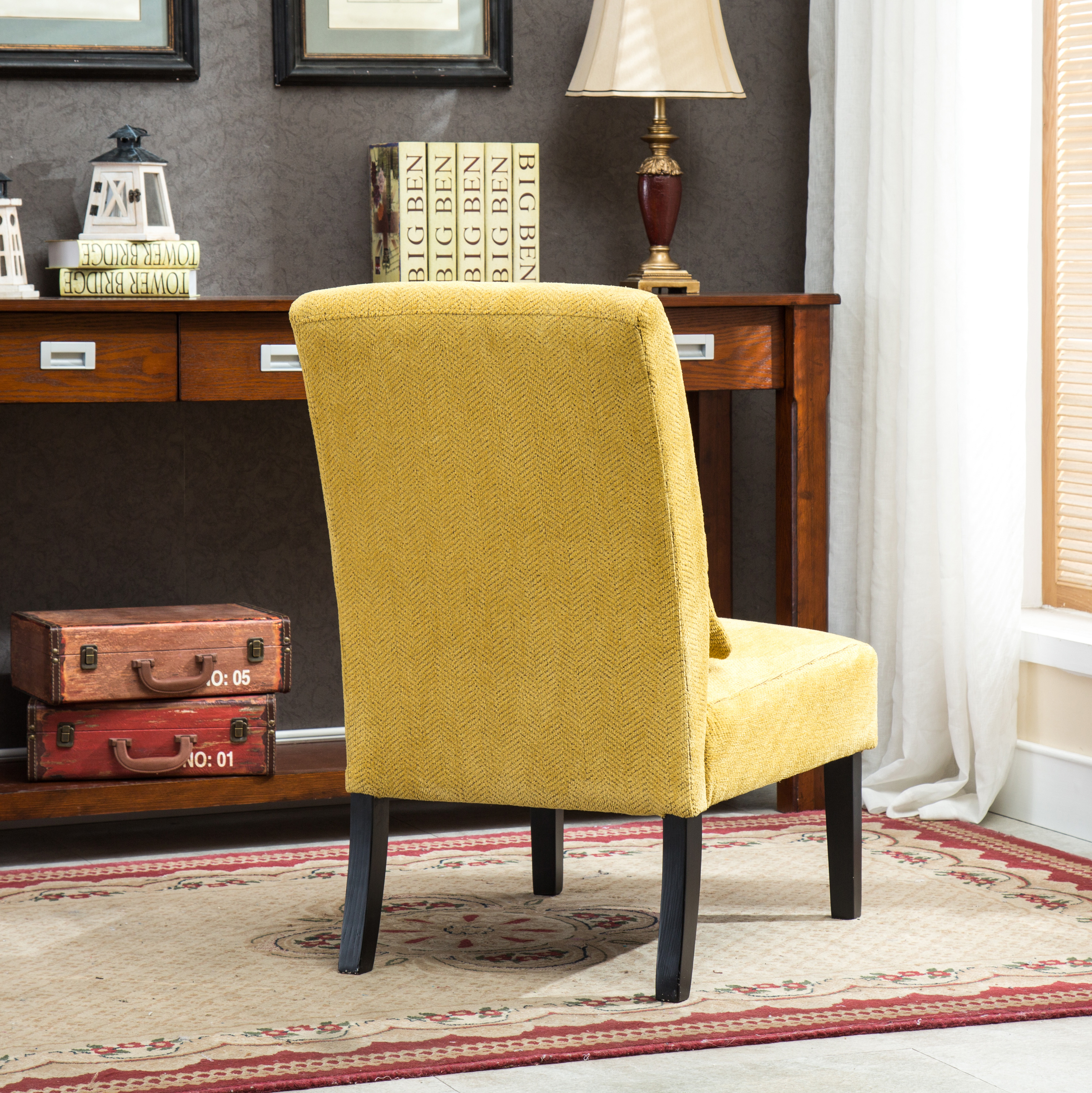 Pisano Contemporary Chenille Fabric Armless Accent Chair with Pillow, Yellow