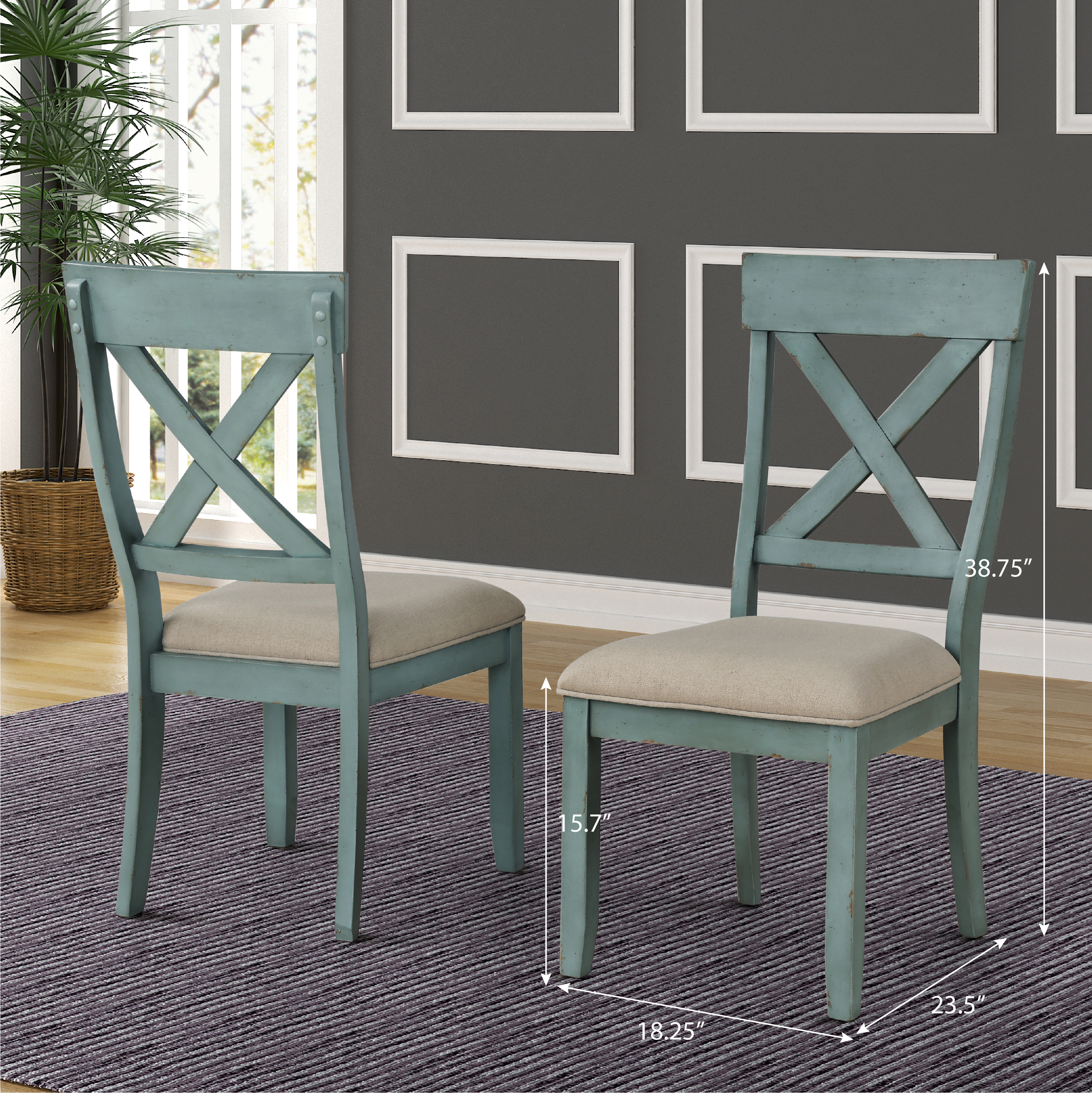 Prato Wood Cross Back Upholstered Dining Chairs, Set Of 2, Antique Blue