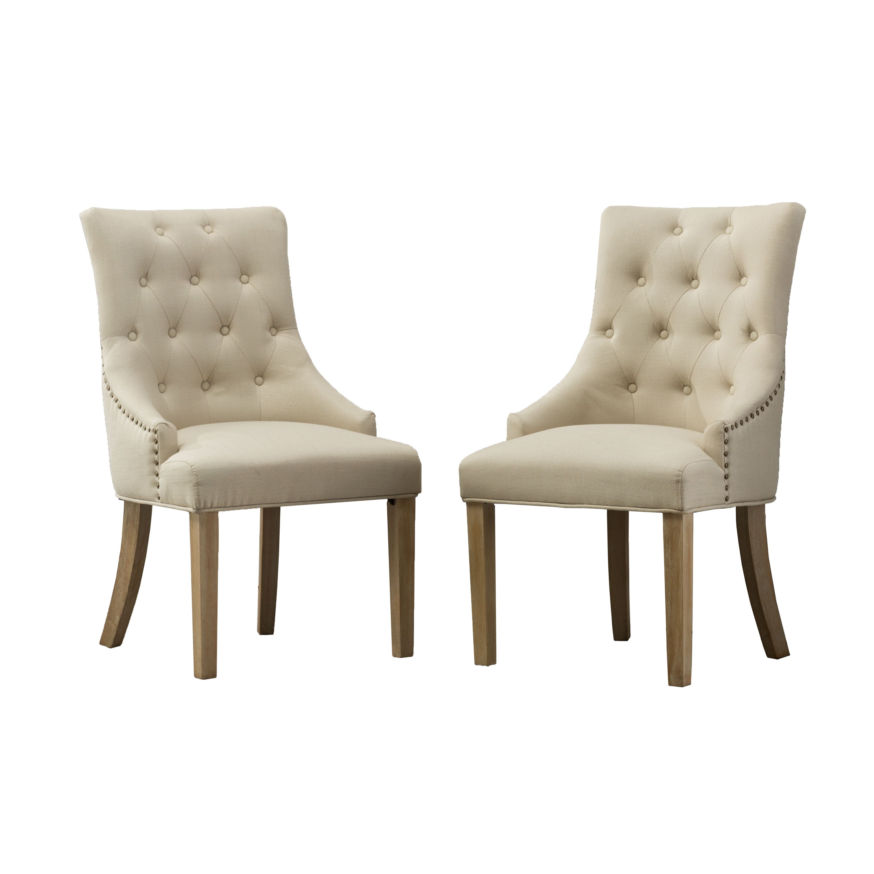 Tan Button Tufted Solid Wood Wingback Hostess Chairs with Nail Heads Set of 2