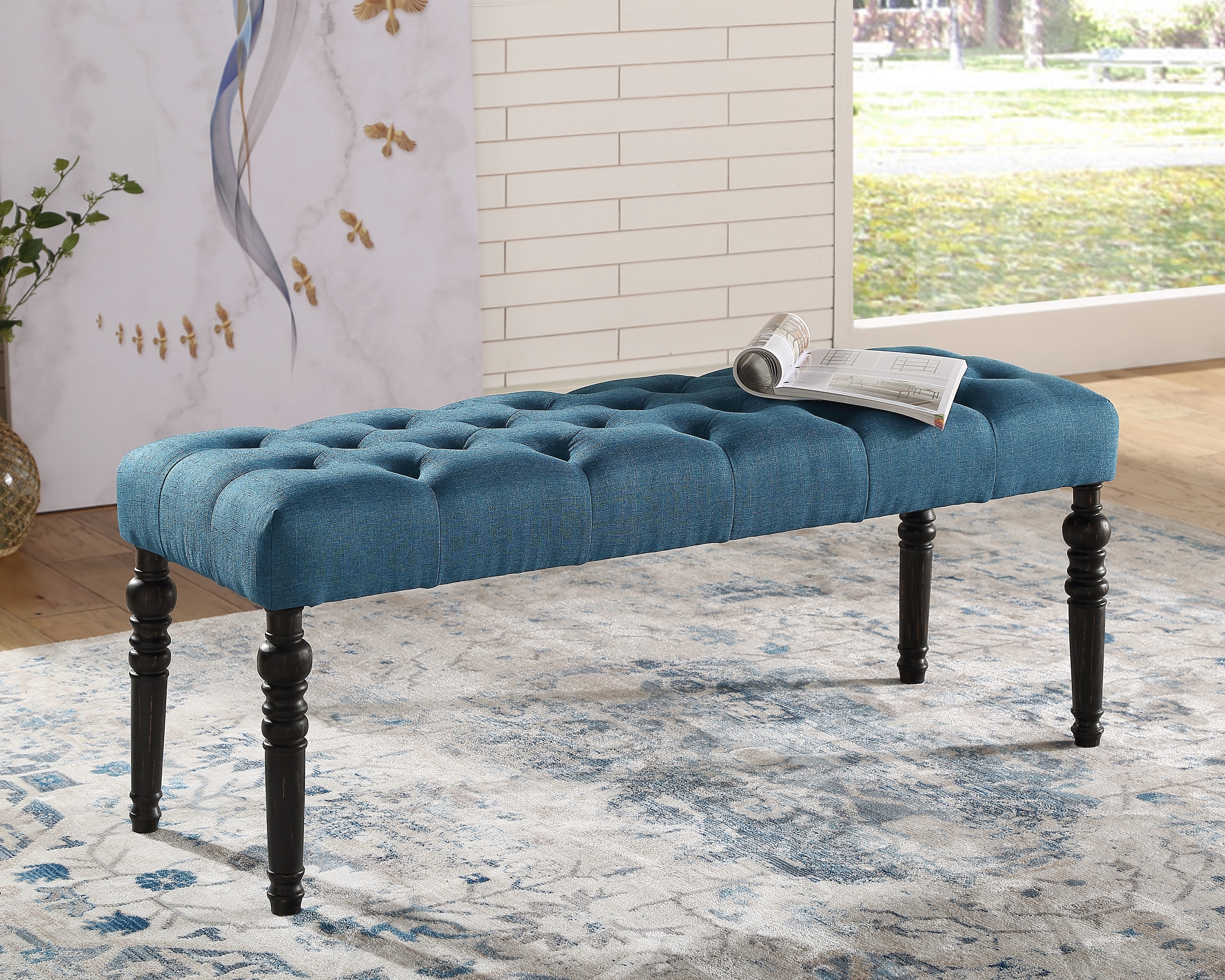 Leviton Fabric Tufted Turned Leg  Dining Bench, Blue