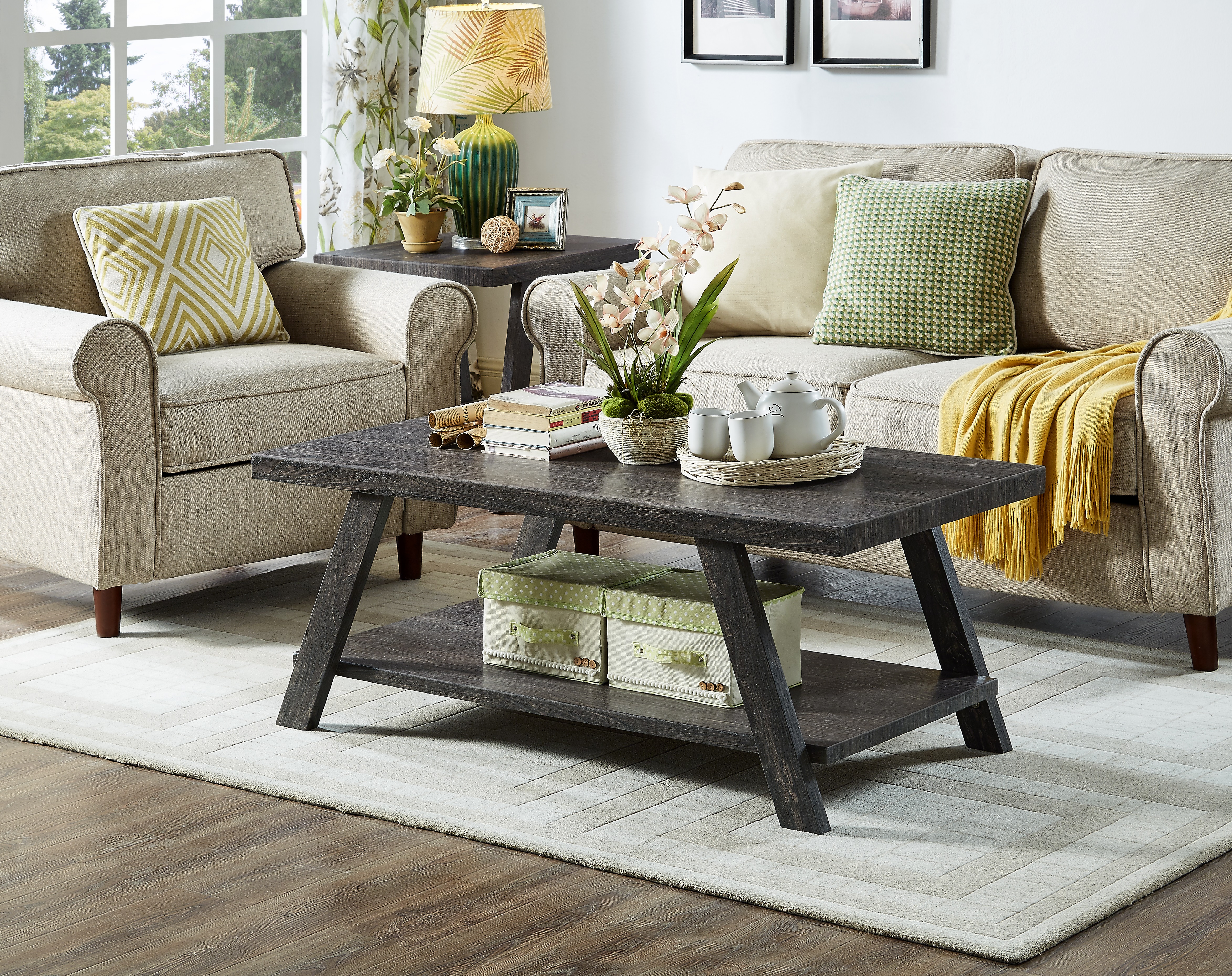 Athens Contemporary Replicated Wood Shelf Coffee Table in Charcoal Finish