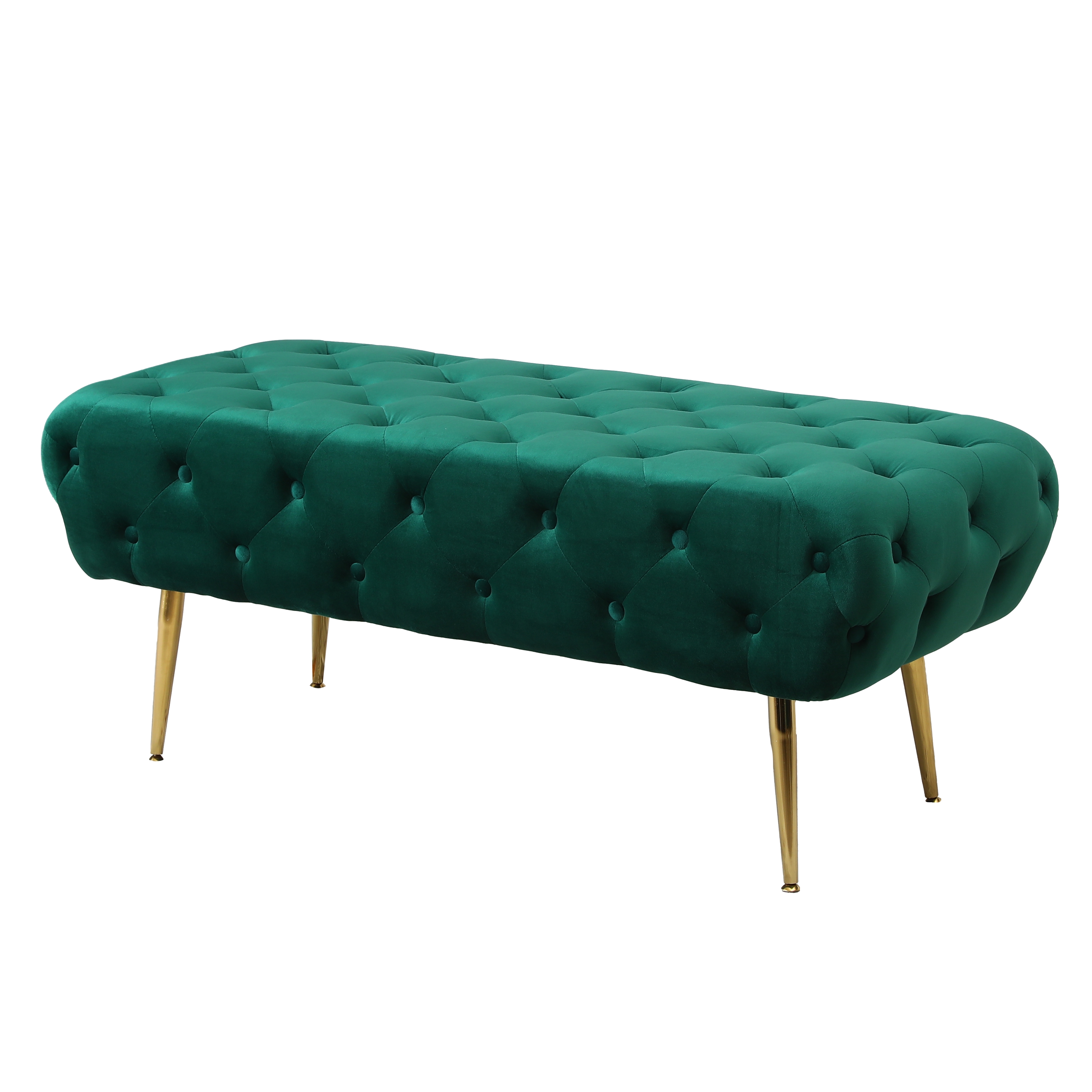 Sira Velvet Button Tufted Bench with Gold Metal Legs, Green