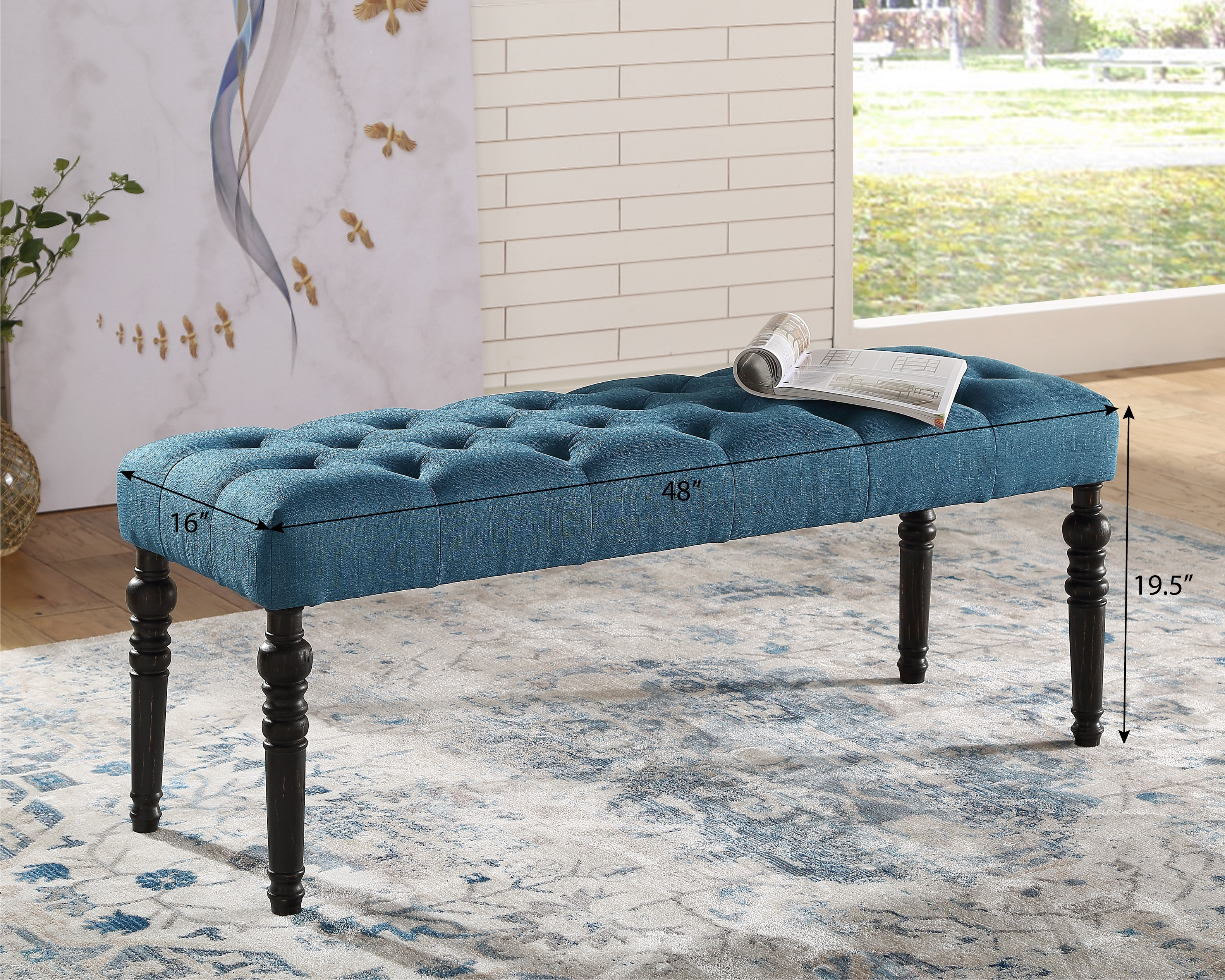 Leviton Fabric Tufted Turned Leg  Dining Bench, Blue