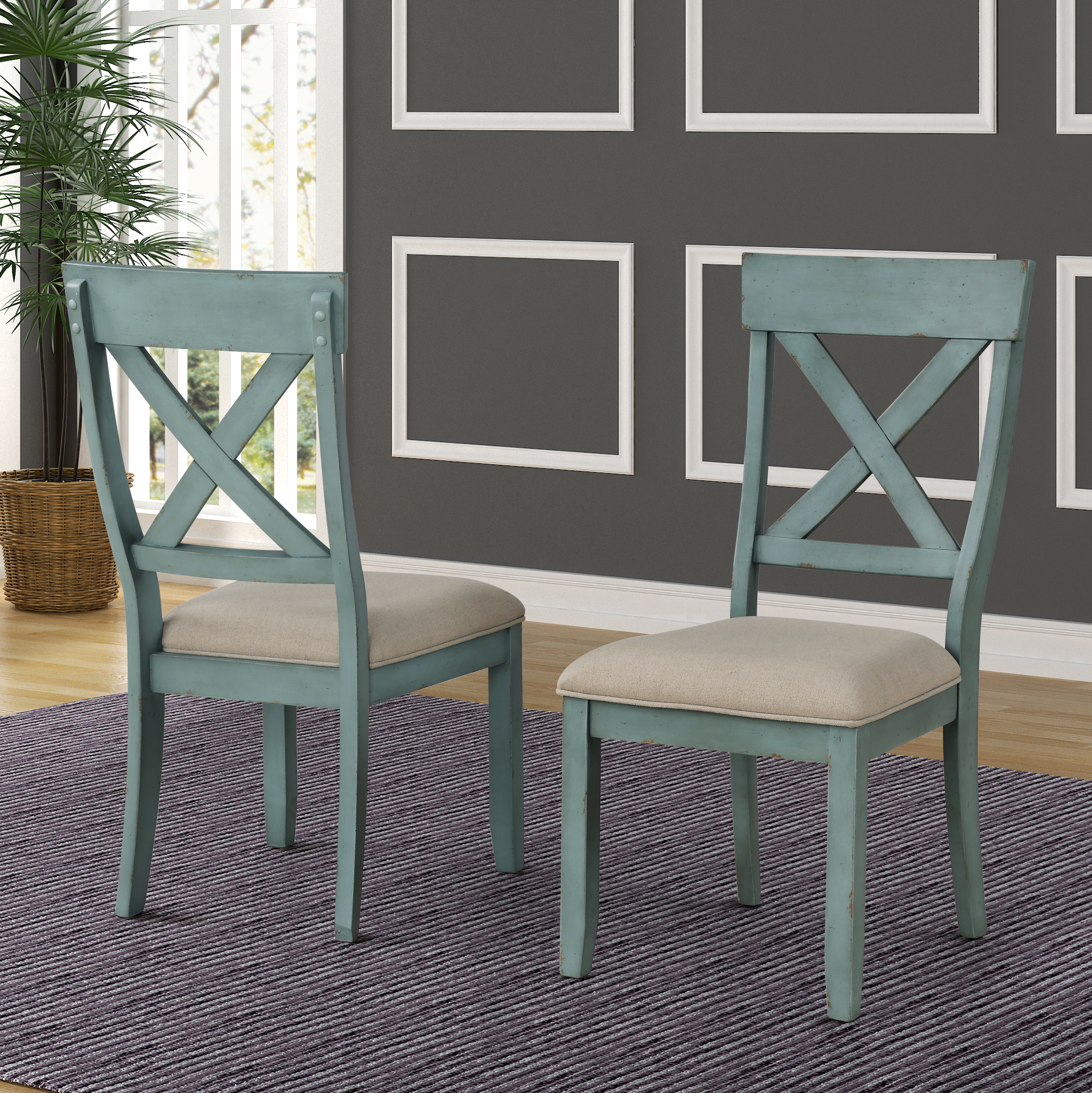 Prato Wood Cross Back Upholstered Dining Chairs, Set Of 2, Antique Blue