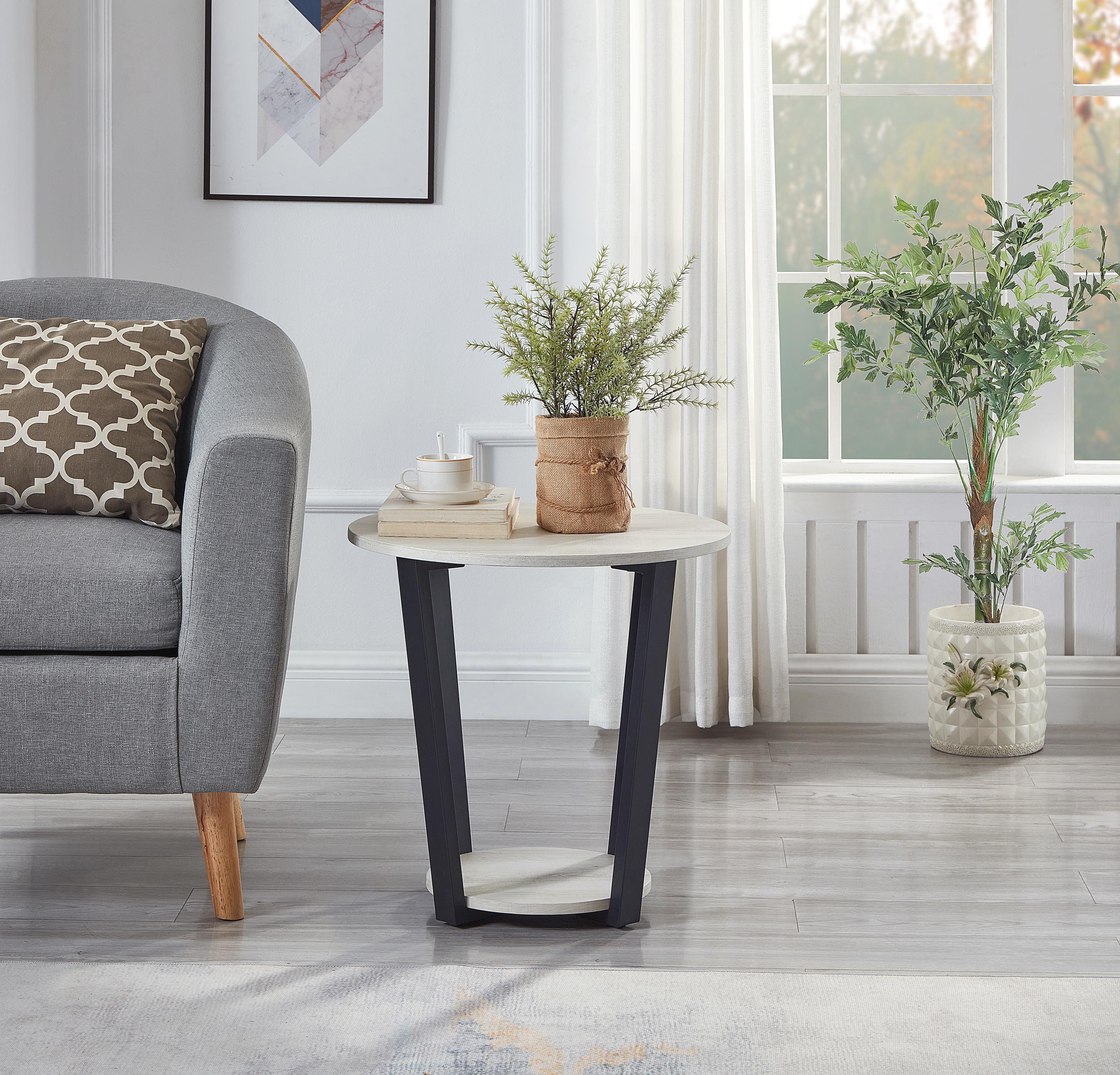 Elysian Contemporary Round End Table with Shelf, Off-White