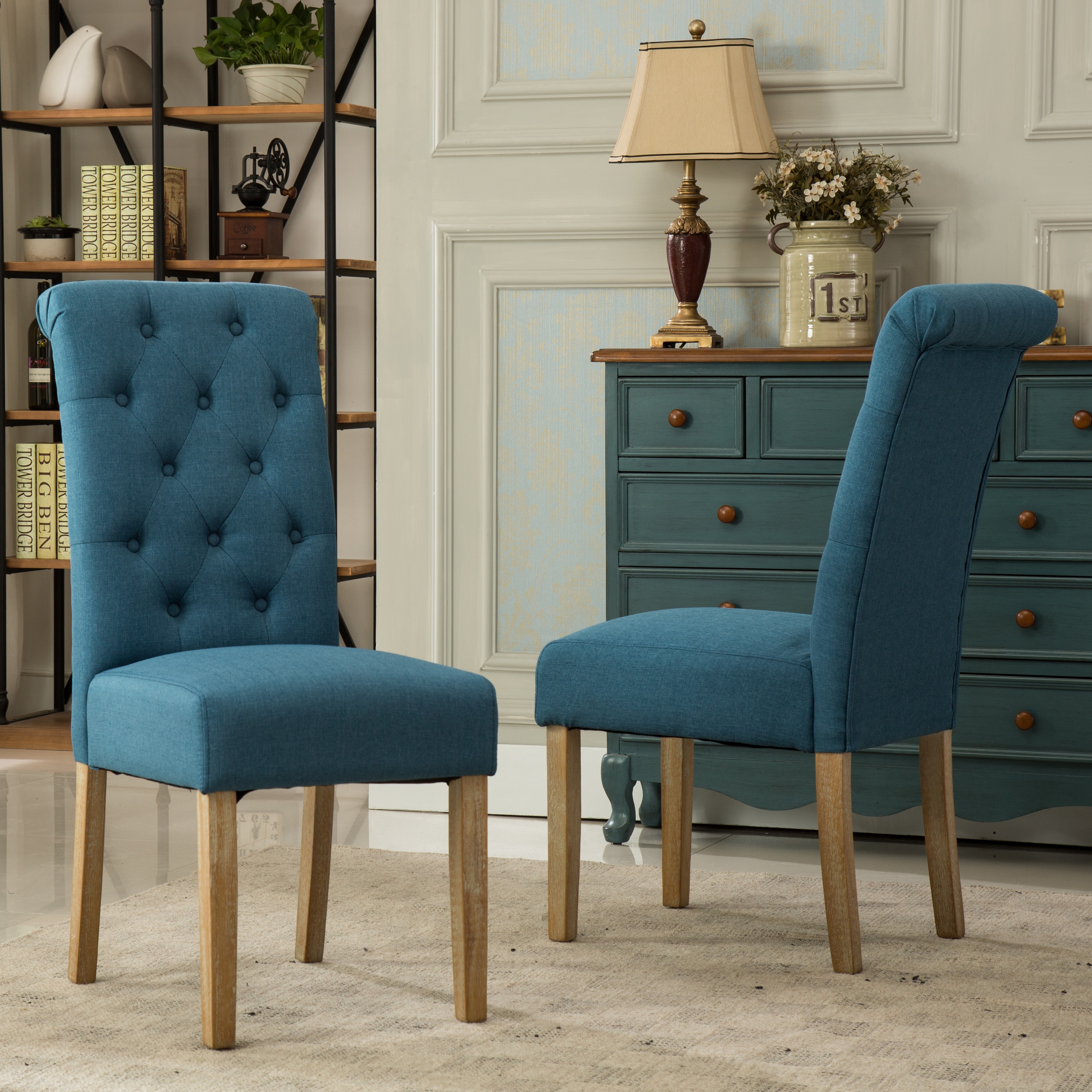 Habit Solid Wood Tufted Parsons Dining Chair, Set of 2, Blue