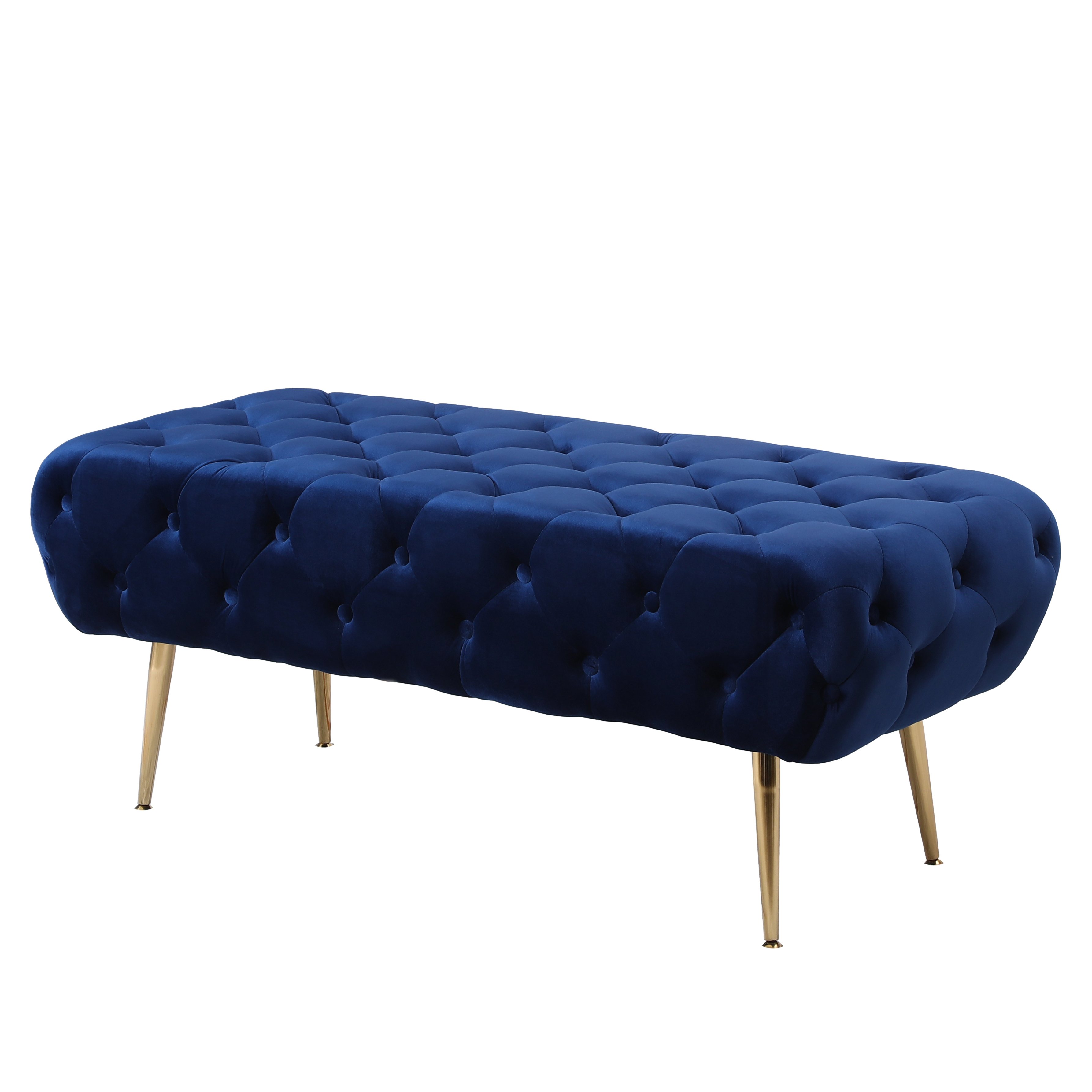 Sira Velvet Button Tufted Bench with Gold Metal Legs, Blue