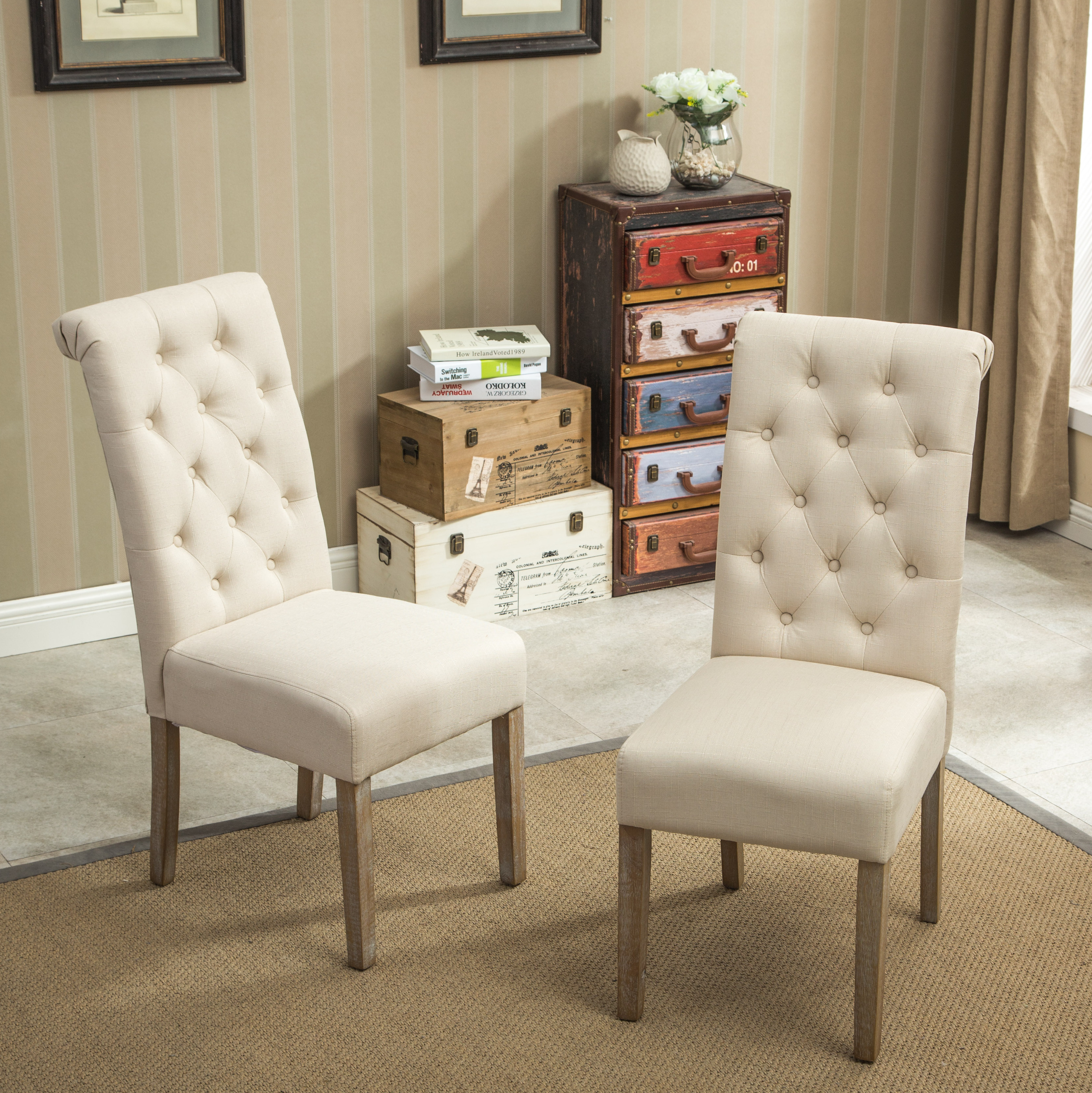 Habit Solid Wood Tufted Parsons Dining Chair, Set of 2, Tan