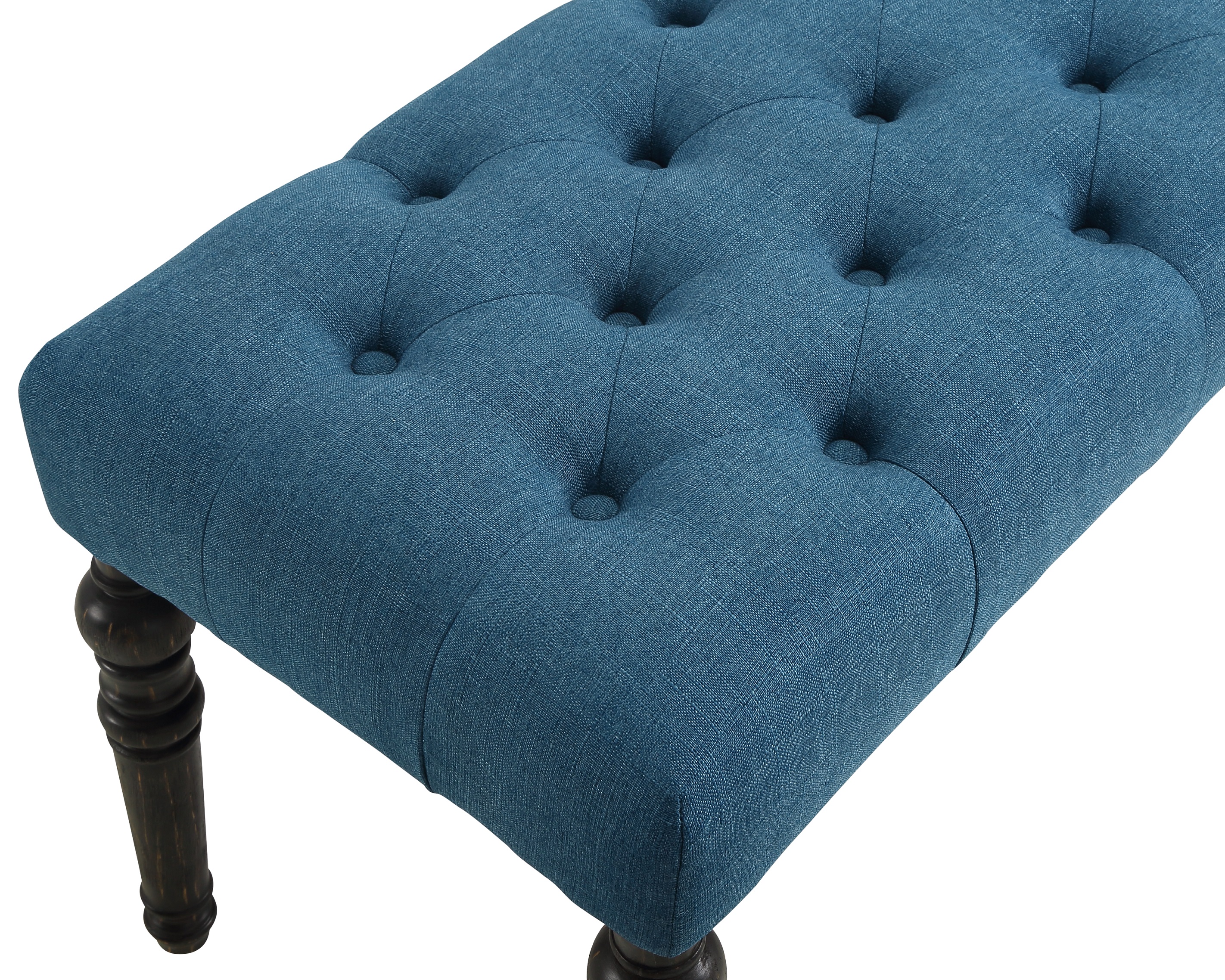 Leviton Fabric Tufted Turned Leg  Dining Bench, Blue