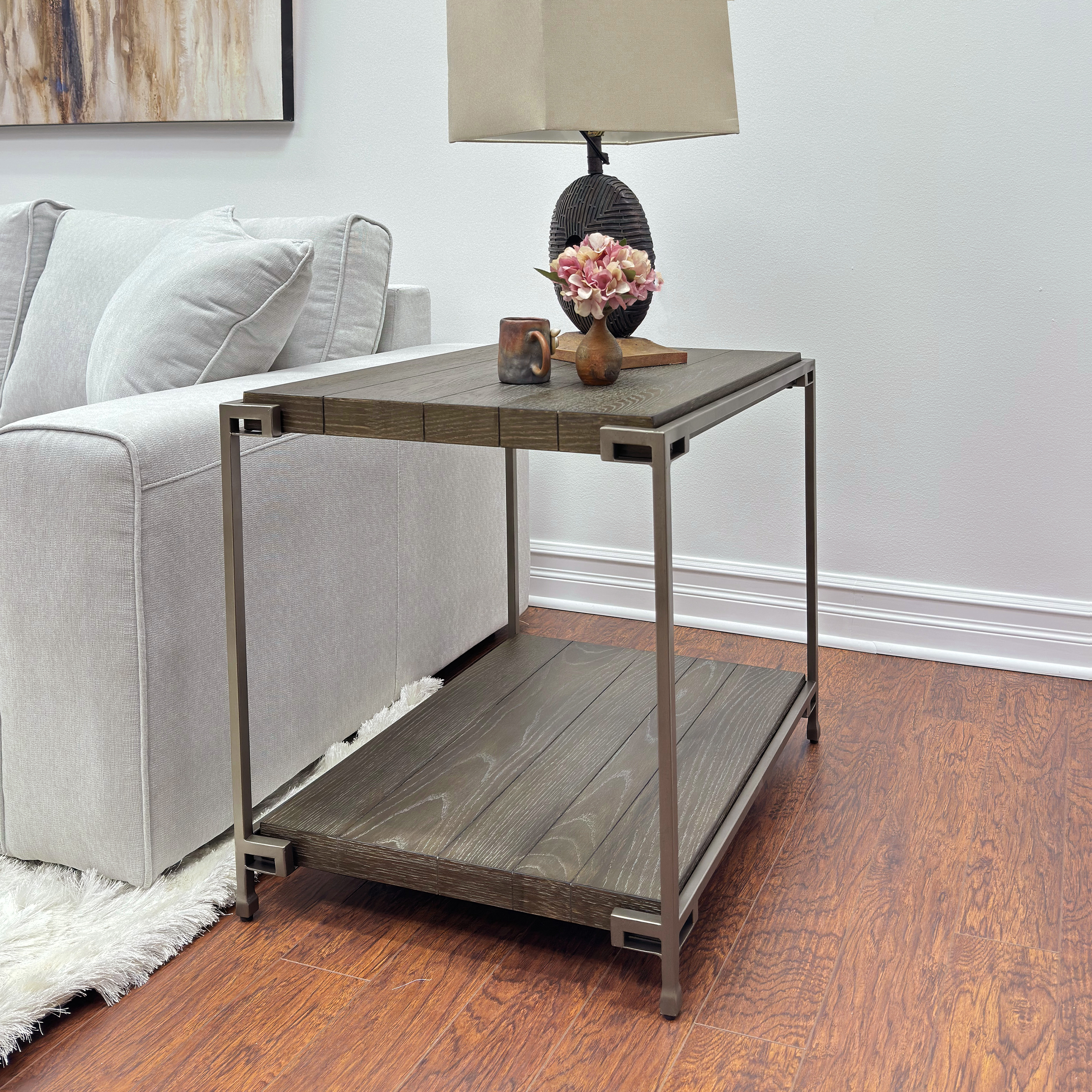 Corbeta Metal Frame Wood Living Room End Table with Shelf, Aged Graphite