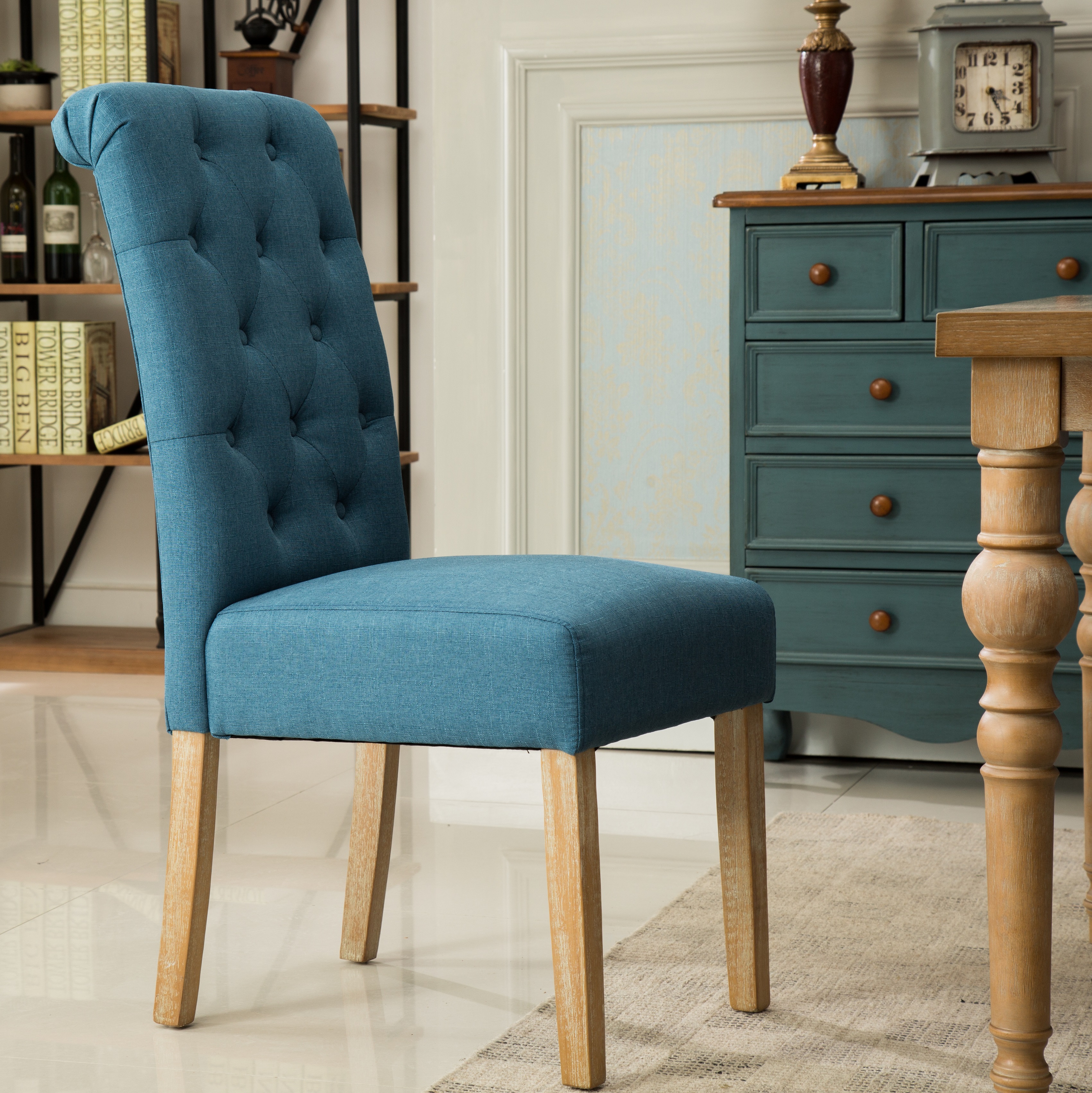 Habit Solid Wood Tufted Parsons Dining Chair, Set of 2, Blue