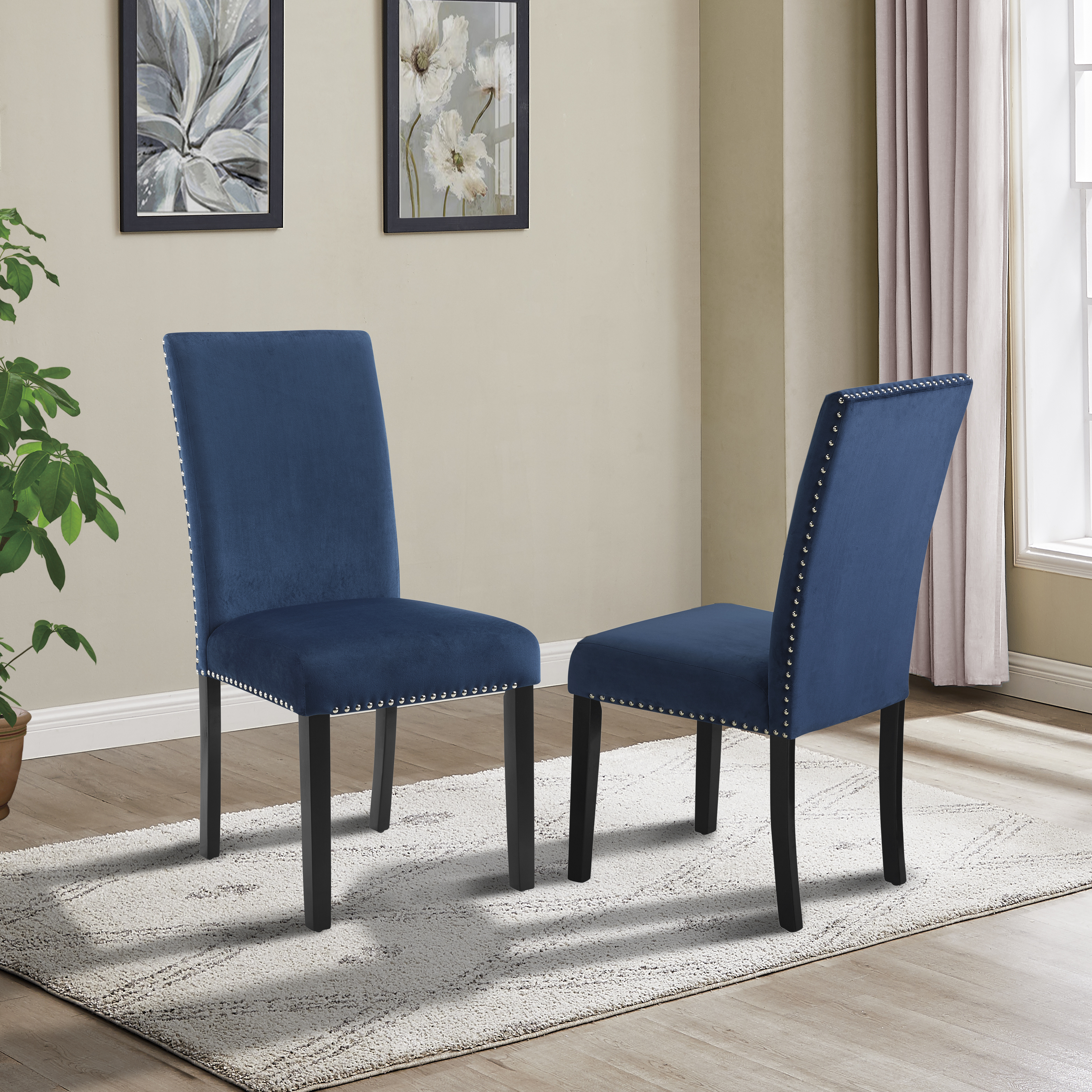 Cobre Contemporary Velvet Dining Chair with Nailhead Trim, Set of 2, Blue