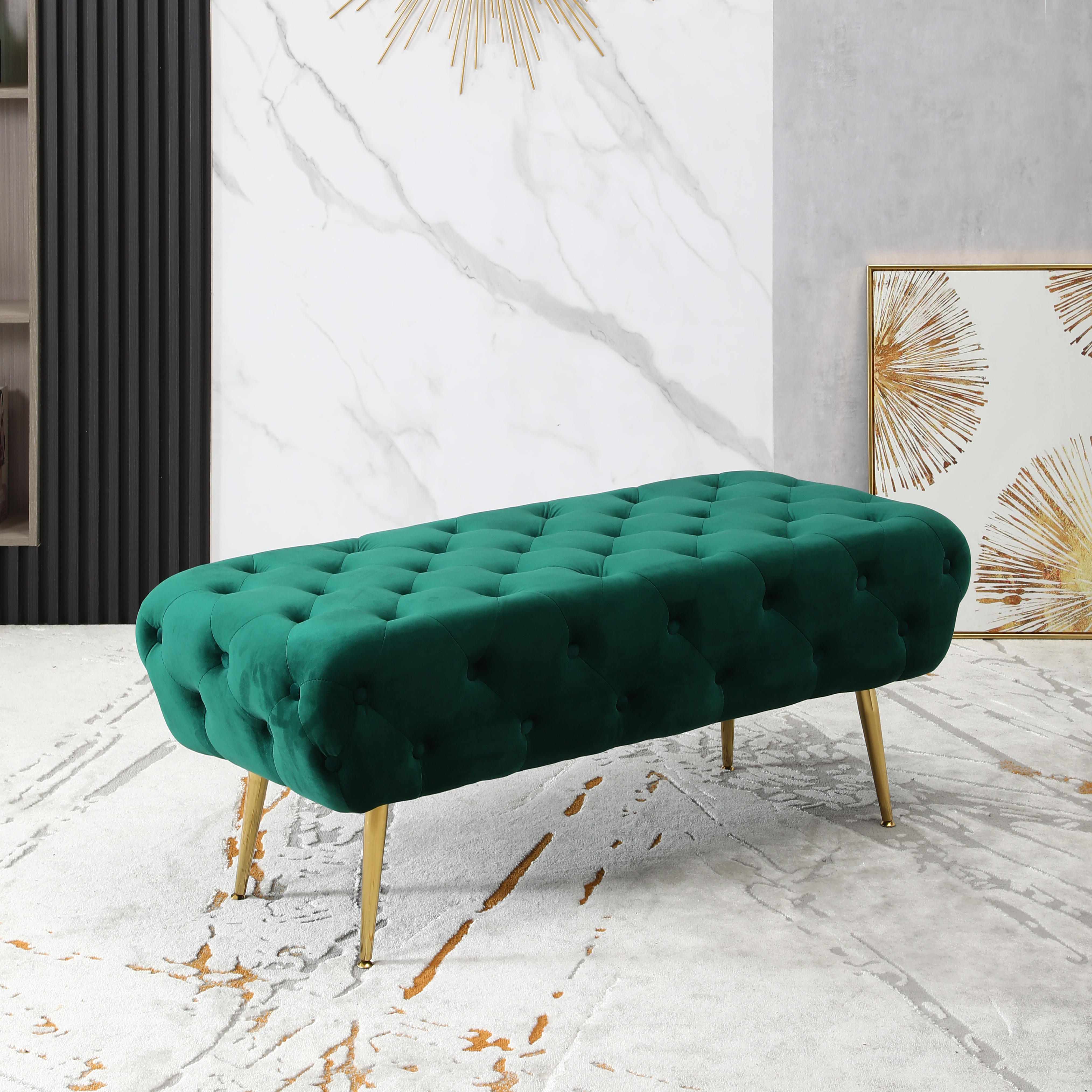 Sira Velvet Button Tufted Bench with Gold Metal Legs, Green