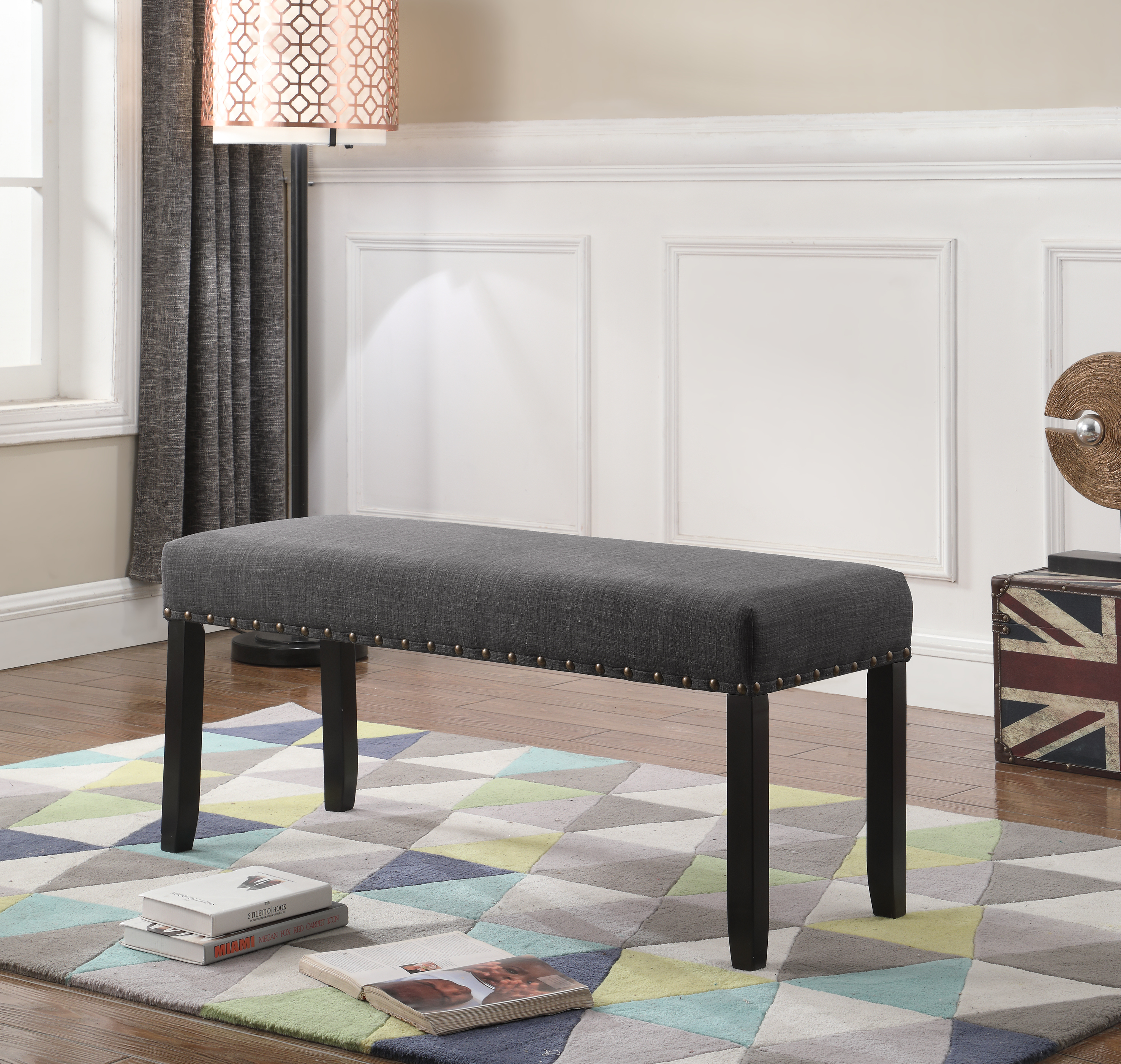 Biony Fabric Dining Bench with Nailhead Trim, Grey