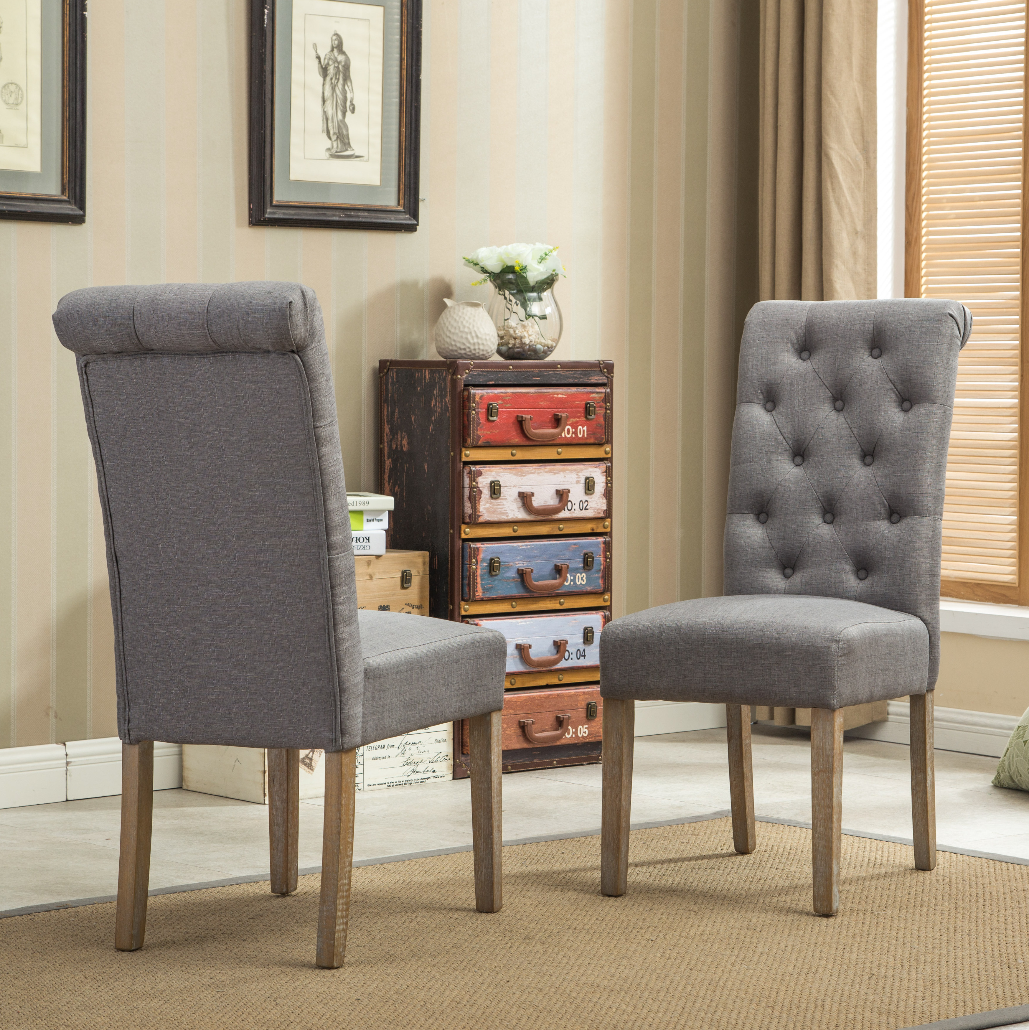 Habit Solid Wood Tufted Parsons Dining Chair, Set of 2, Grey