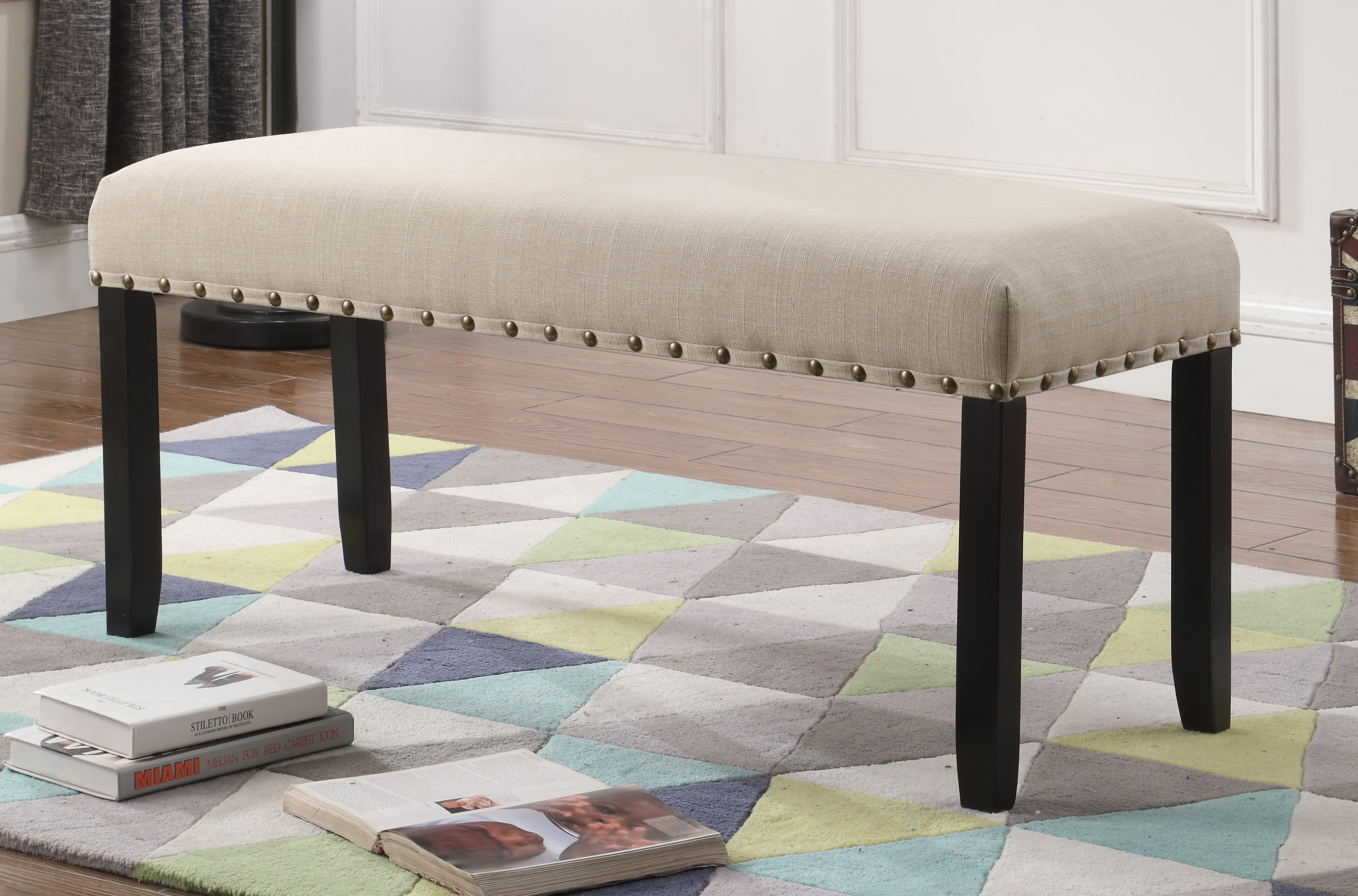 Biony Fabric Dining Bench with Nailhead Trim, Tan