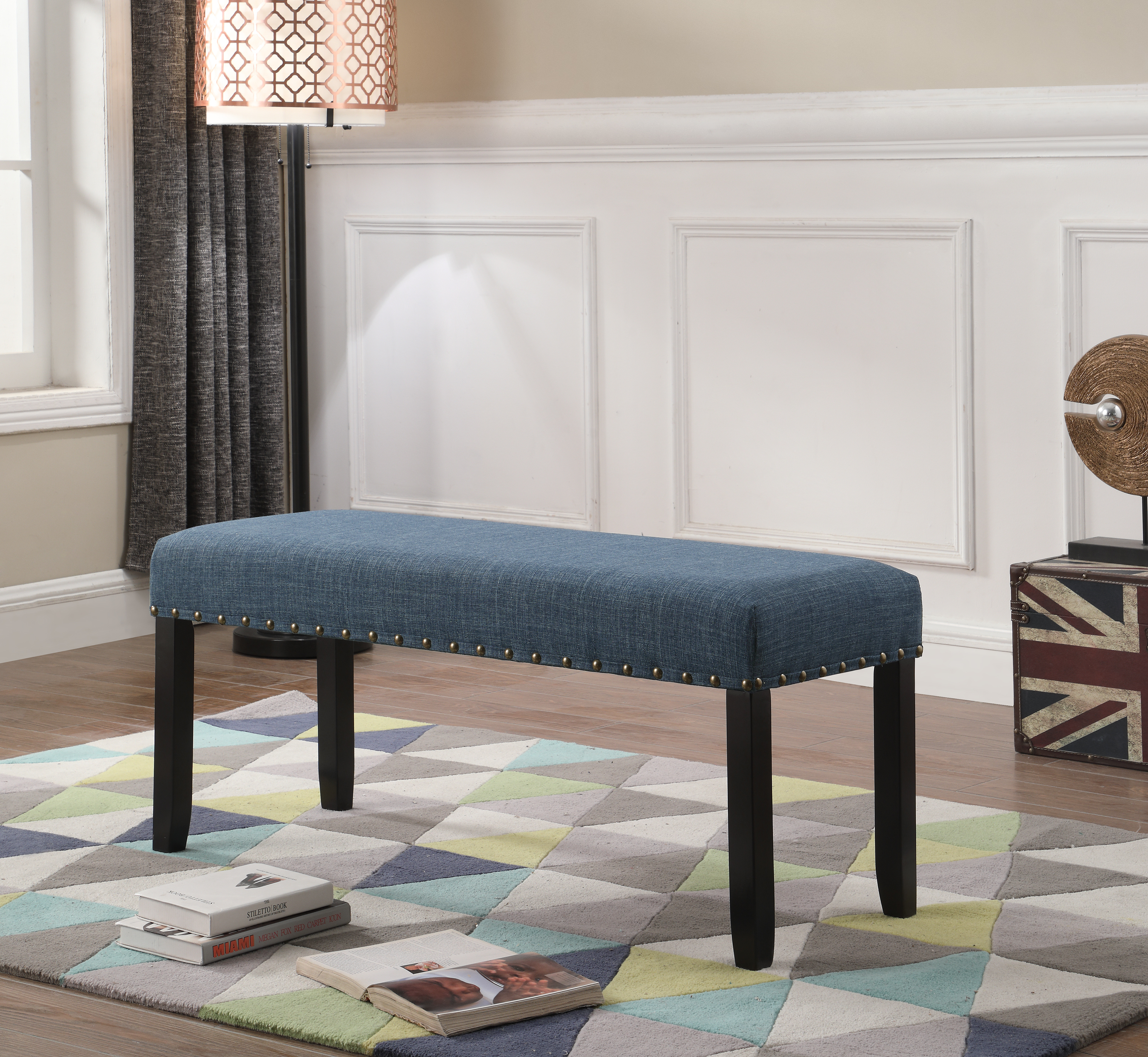 Biony Fabric Dining Bench with Nailhead Trim, Blue