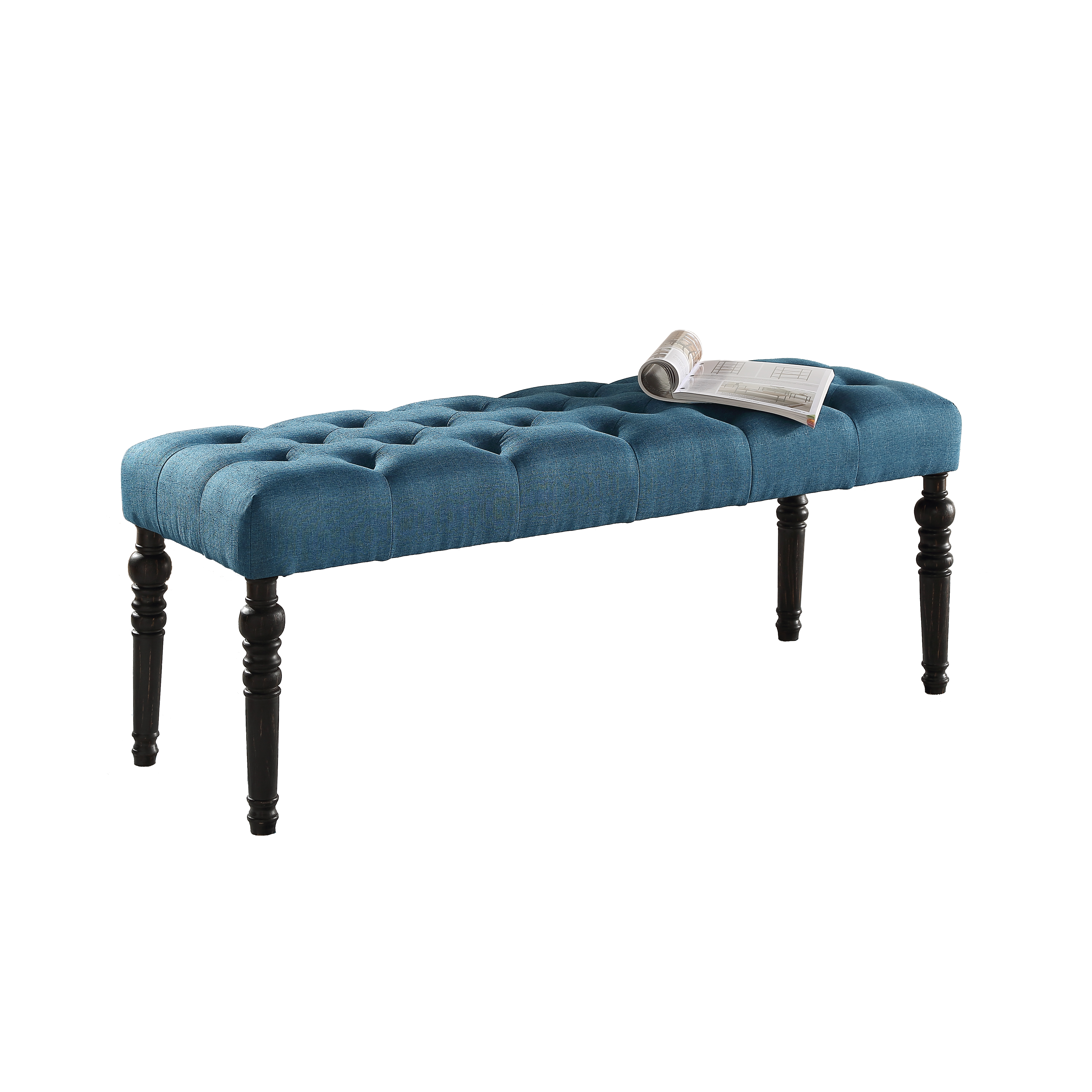 Leviton Fabric Tufted Turned Leg  Dining Bench, Blue