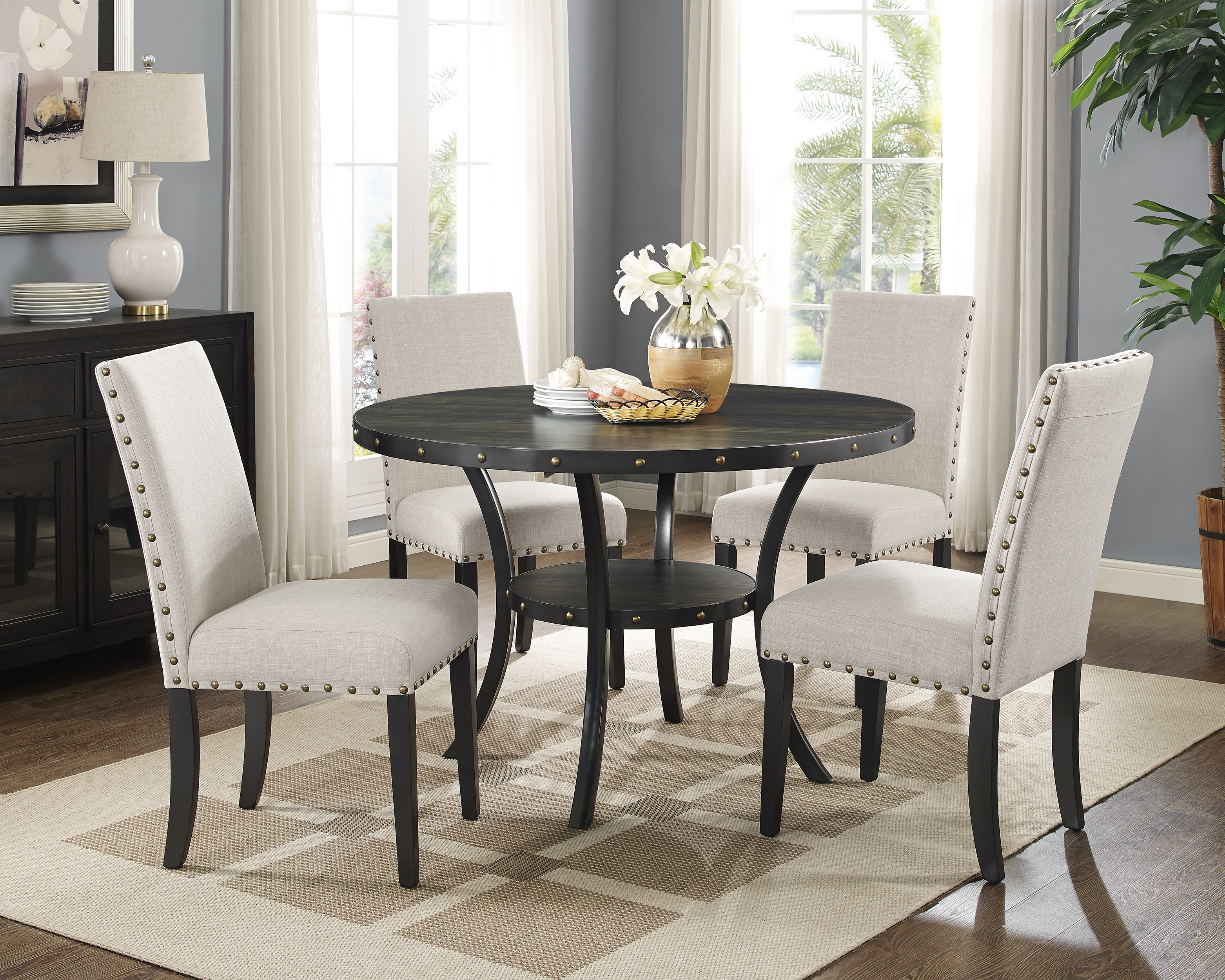 Biony Fabric Dining Chairs with Nailhead Trim, Set of 2, Tan