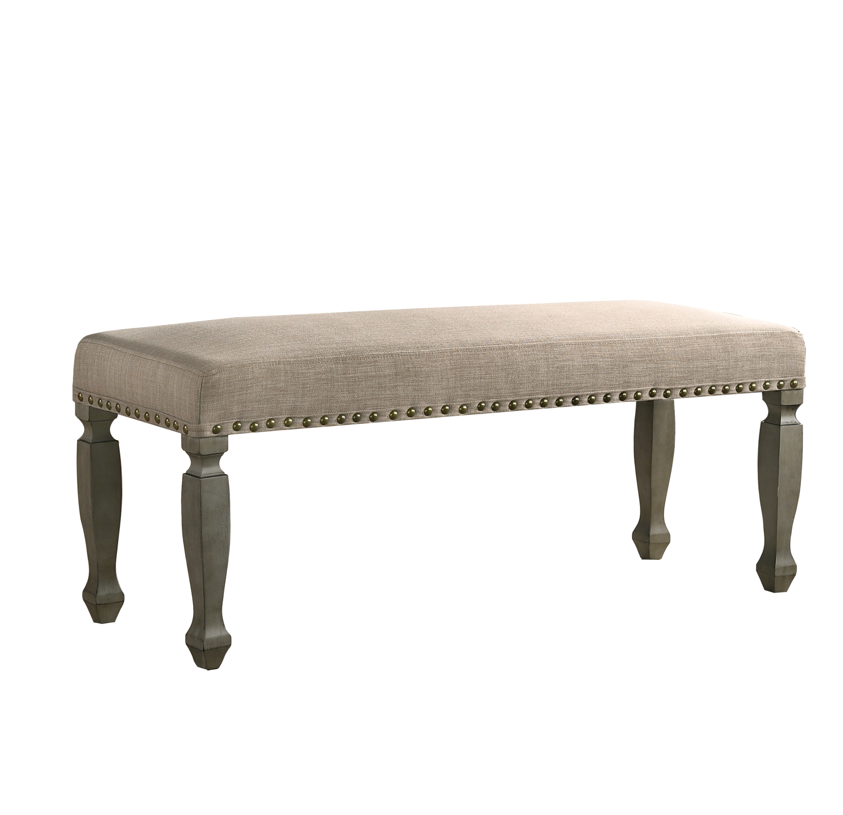 Breda Antique Gray Finish Upholstered Nailhead Bench