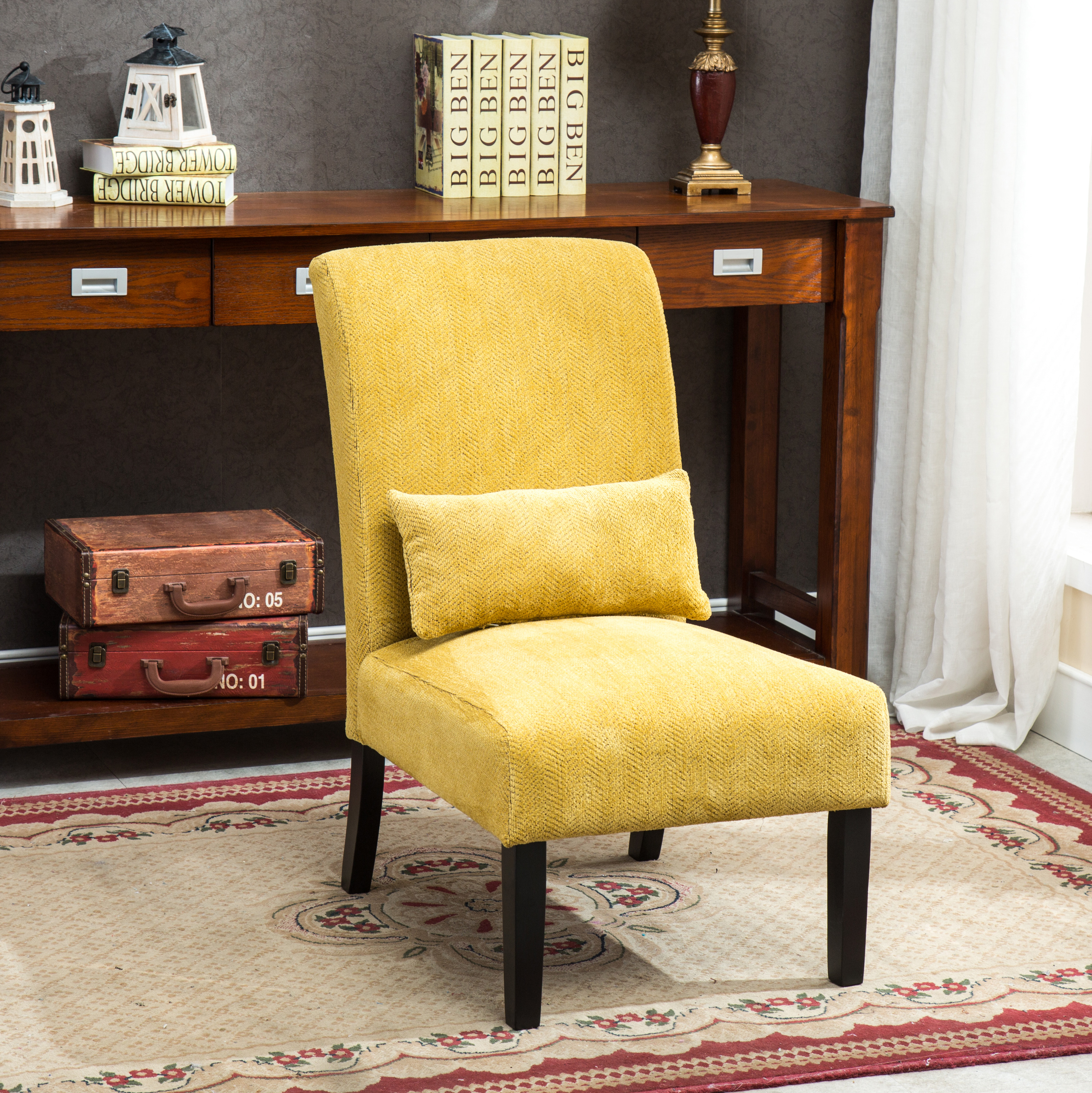 Pisano Contemporary Chenille Fabric Armless Accent Chair with Pillow, Yellow