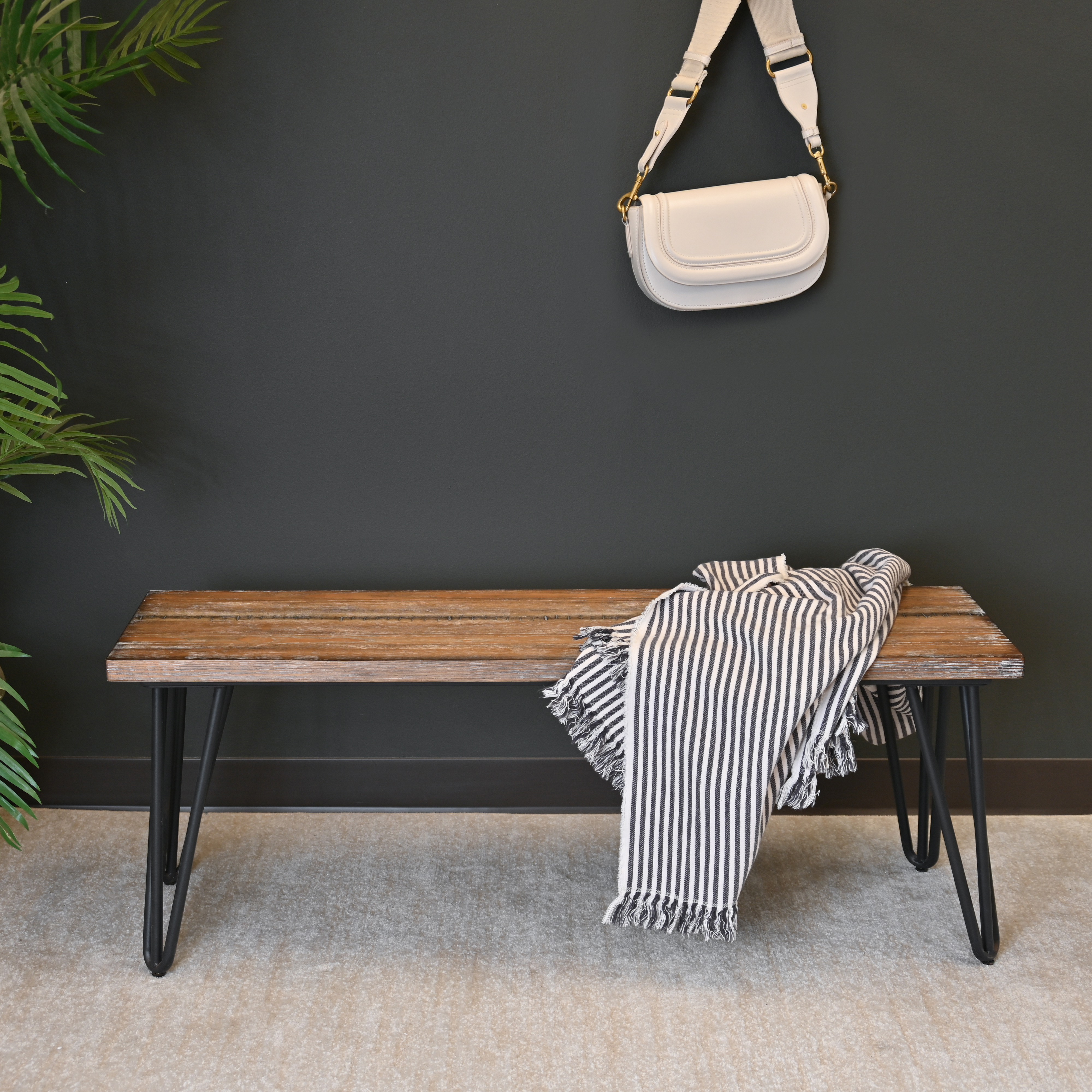 Aryven Industrial Wood Dining Bench, Rustic Dark Pine Finish