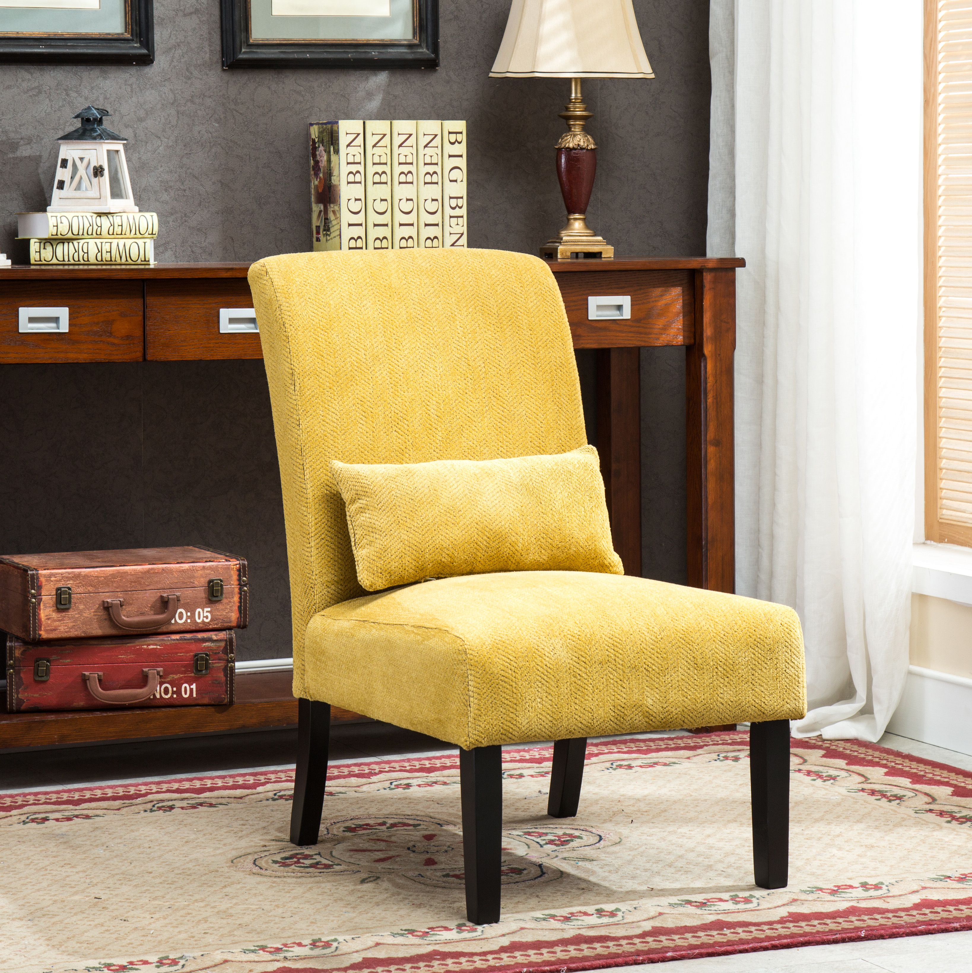 Pisano Contemporary Chenille Fabric Armless Accent Chair with Pillow, Yellow