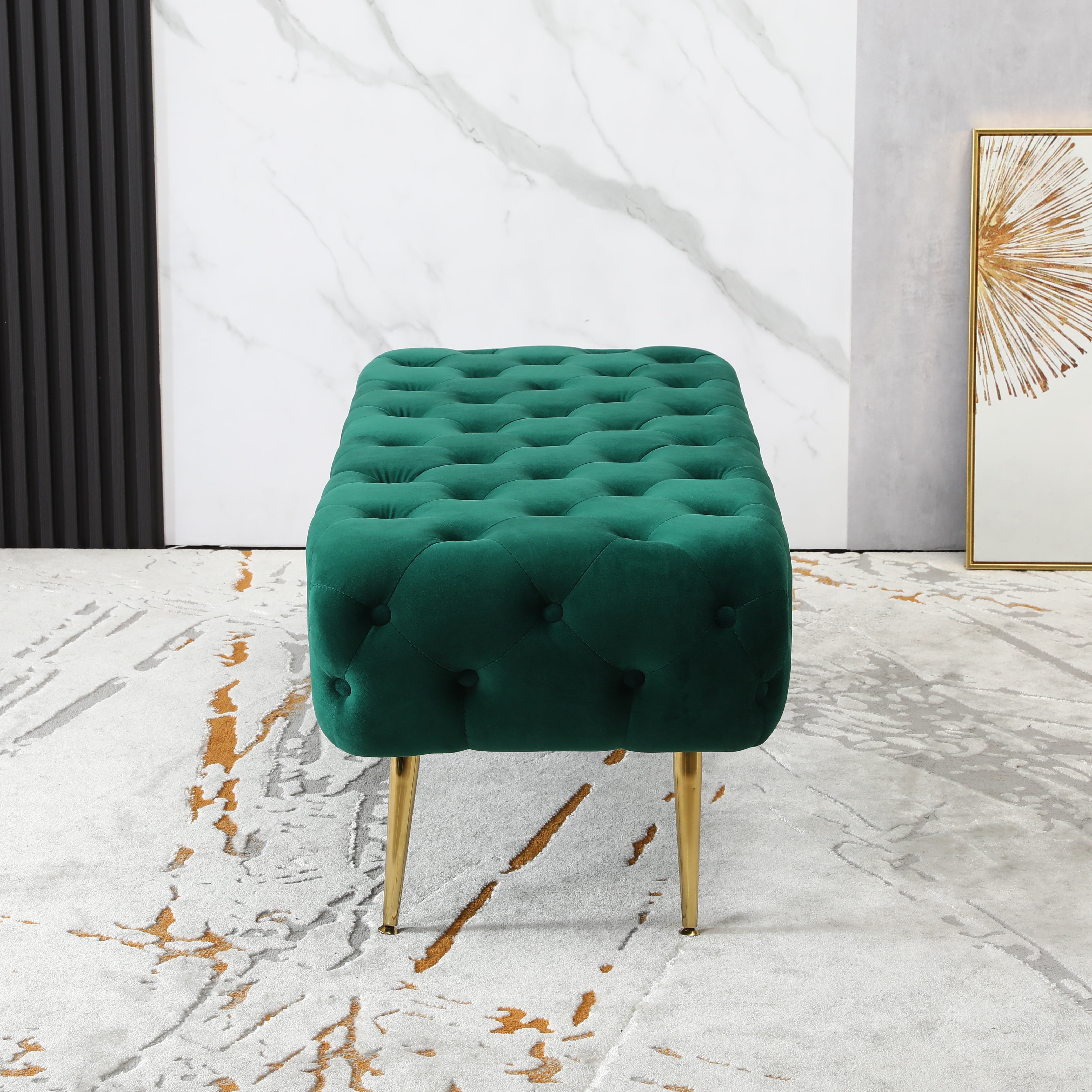 Sira Velvet Button Tufted Bench with Gold Metal Legs, Green